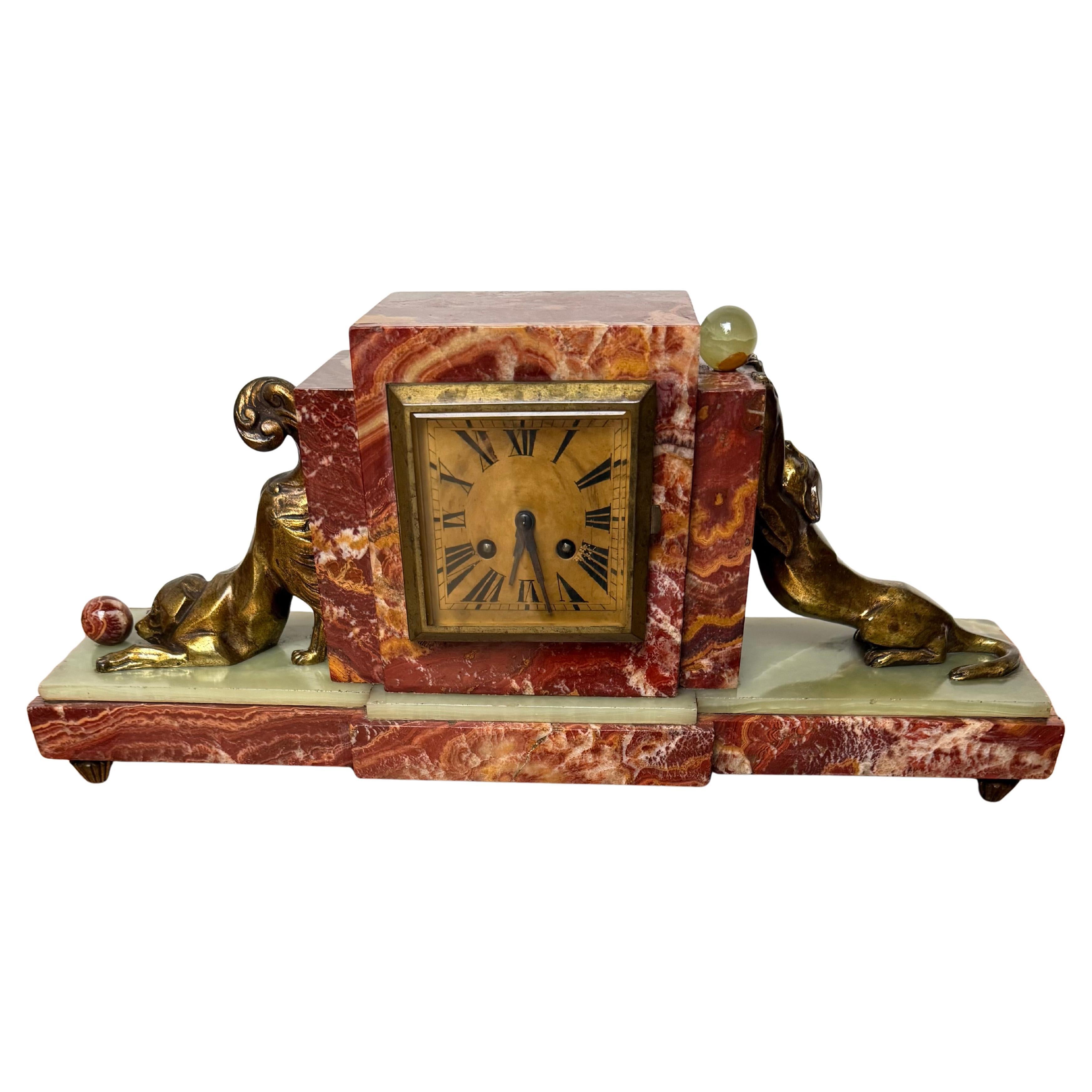 Rare Art Deco Marble & Onyx Mantle Clock w. Bronze Dog & Cat, Ball Playing Theme For Sale