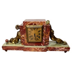 Rare Art Deco Marble & Onyx Mantle Clock w. Bronze Dog & Cat, Ball Playing Theme