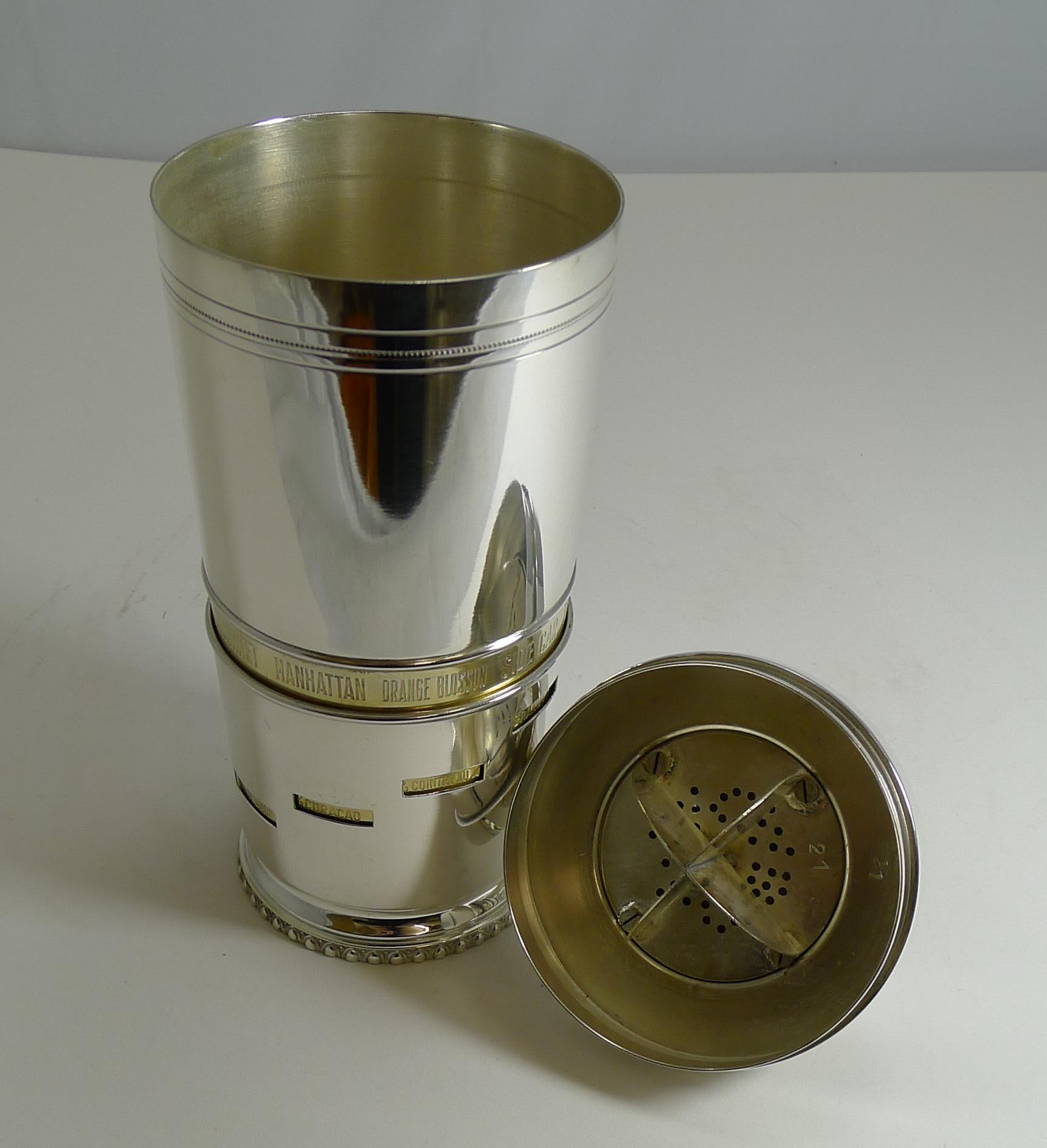 A rare designer recipe cocktail shaker, Italian in origin by Macabo Cusano Milanino and dating to circa 1950.

The base swivels around to the cocktail designed and then the ingredients are listed in the windows below. The top of the cocktail