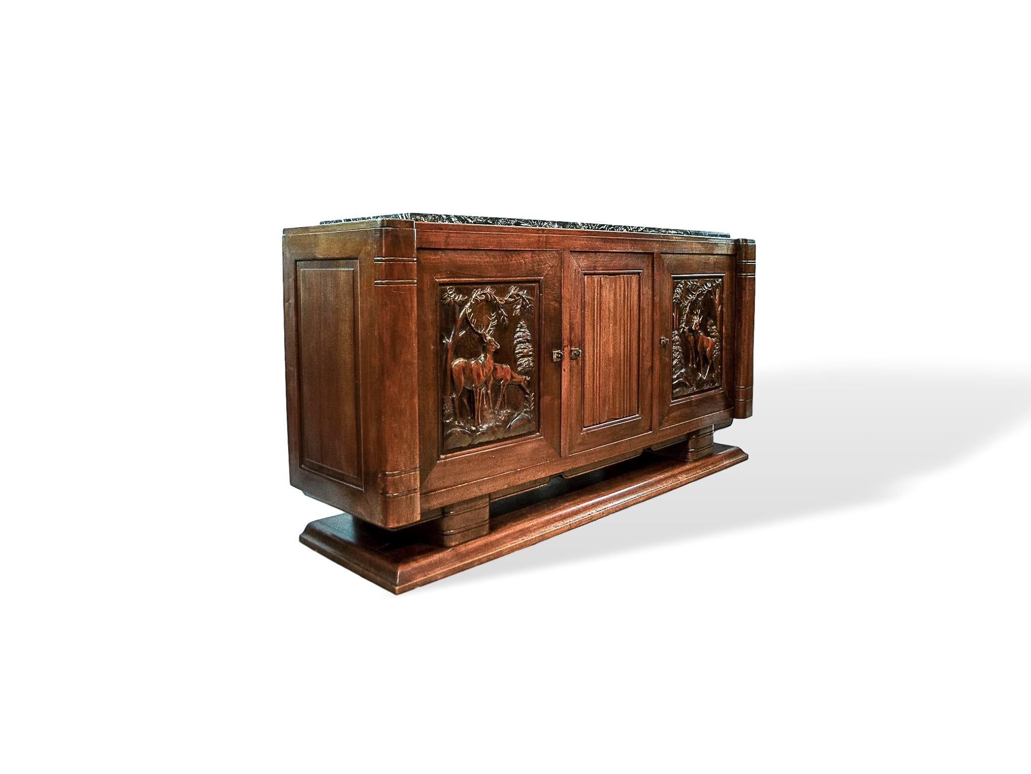 Hand-Carved Rare Art Deco Midcentury Solid Walnut Credenza Sideboard, French, circa 1930