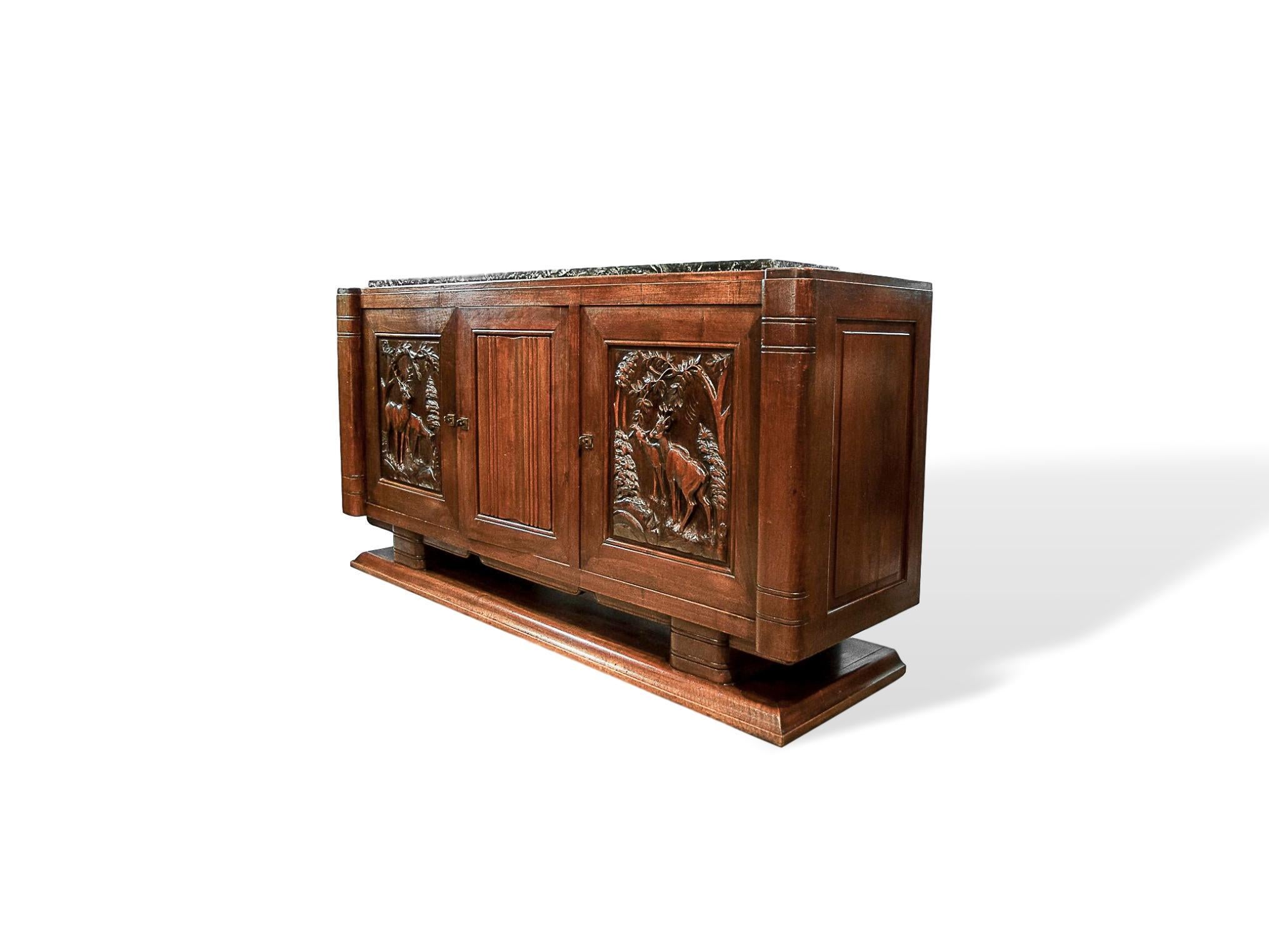 Rare Art Deco Midcentury Solid Walnut Credenza Sideboard, French, circa 1930 In Good Condition In Banner Elk, NC