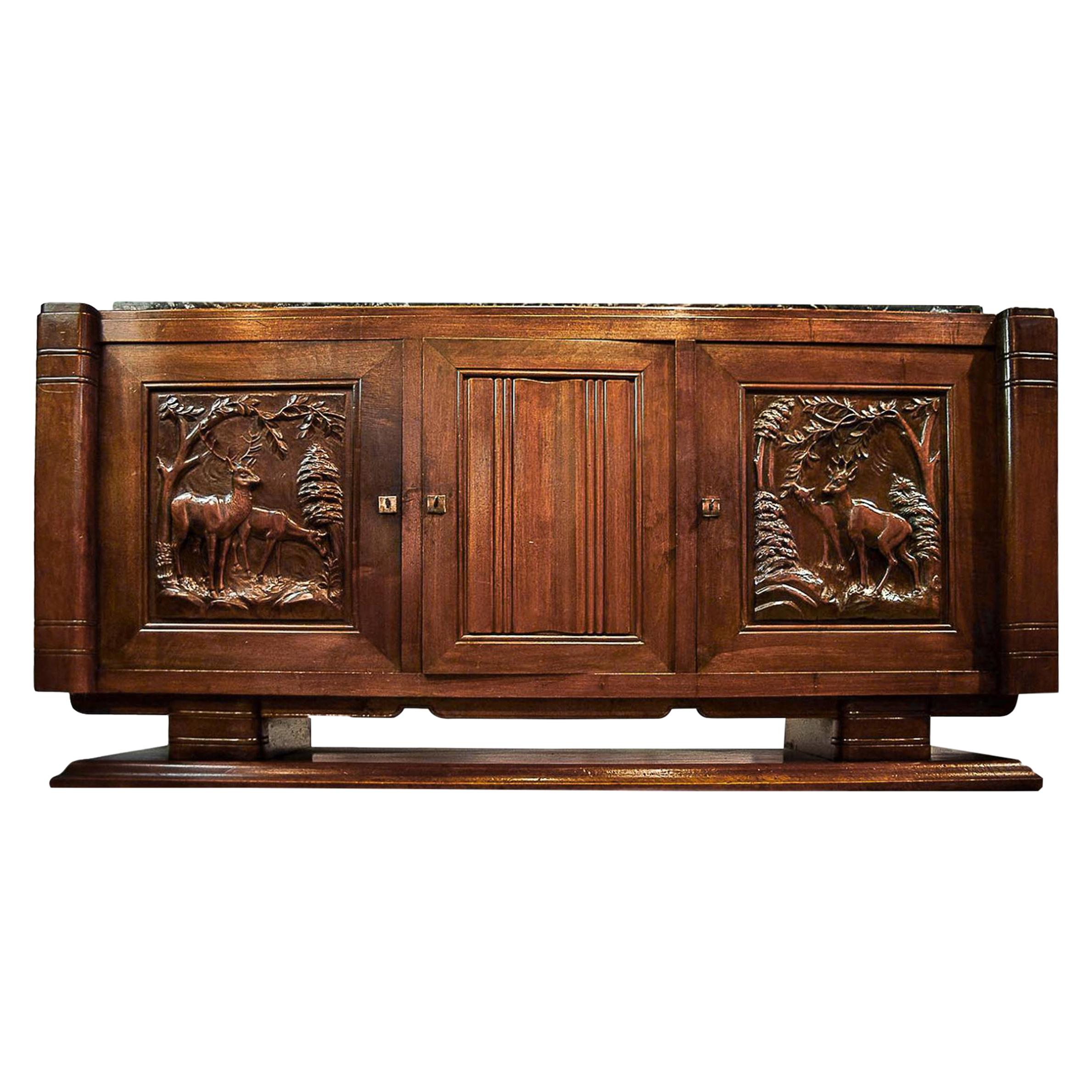 Rare Art Deco Midcentury Solid Walnut Credenza Sideboard, French, circa 1930