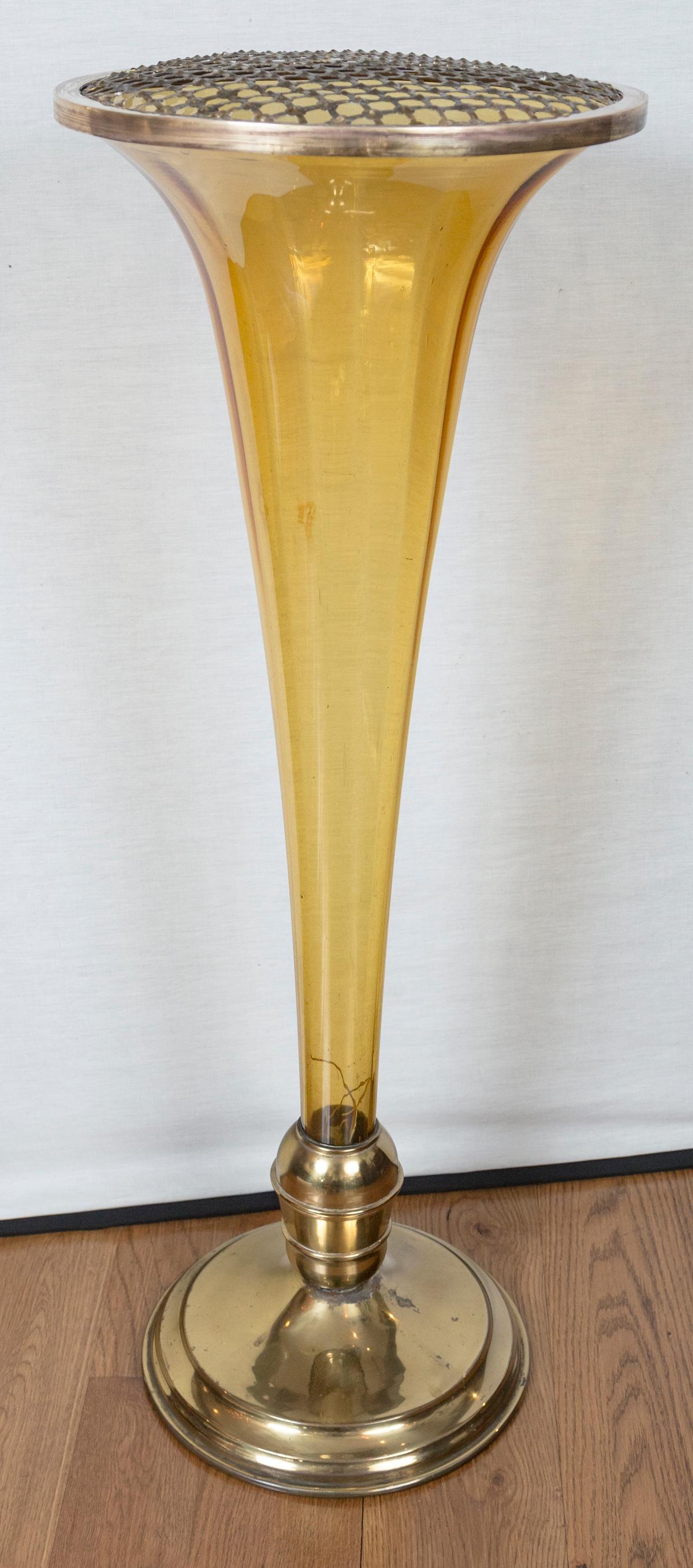Large and dramatic Murano amber glass trumpet- shaped vase with brass base and removable brass frog cap.