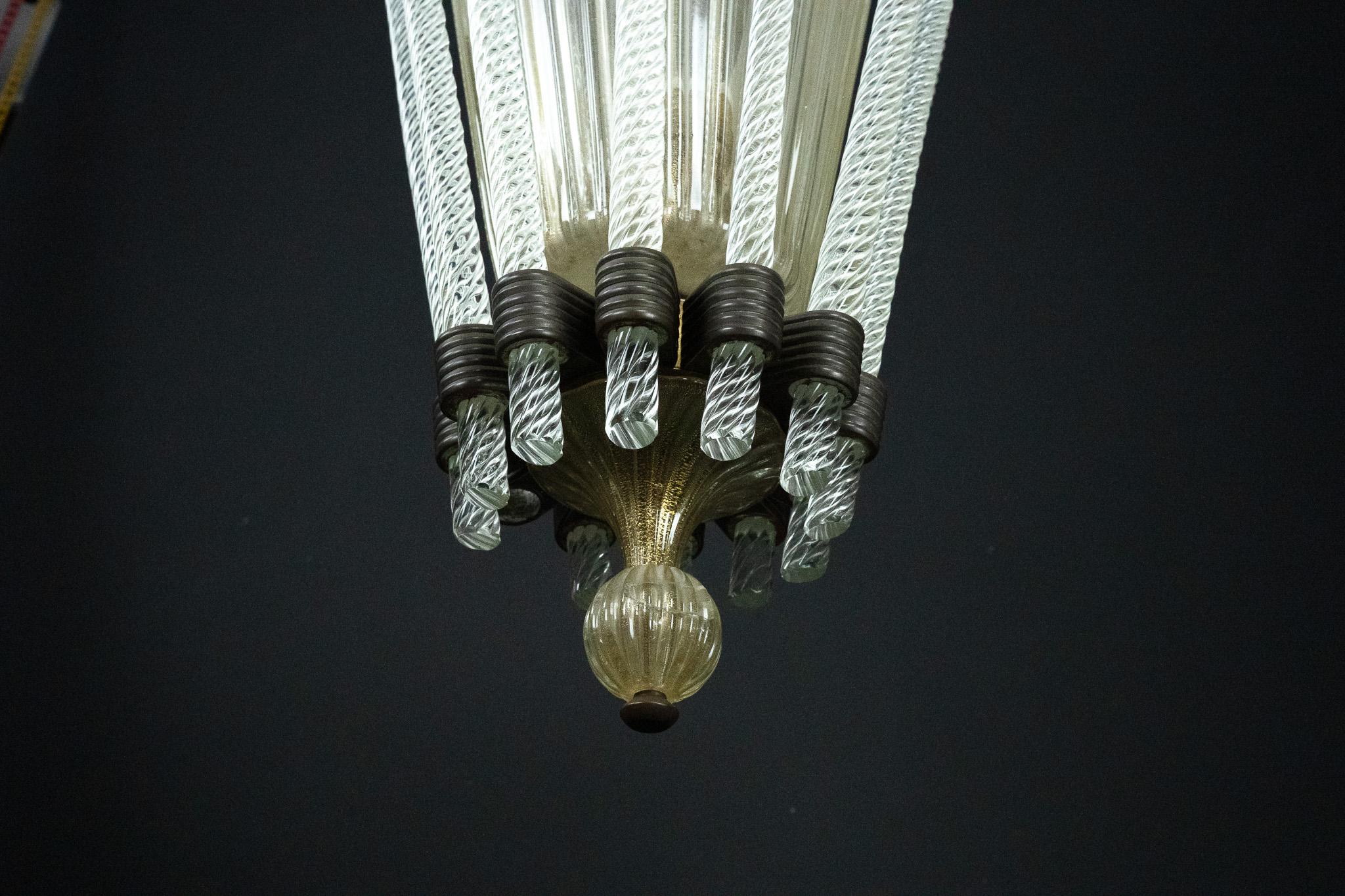 Italian Rare Art Deco Murano Glass Chandelier by Archimede Seguso, Italy, 1930s For Sale
