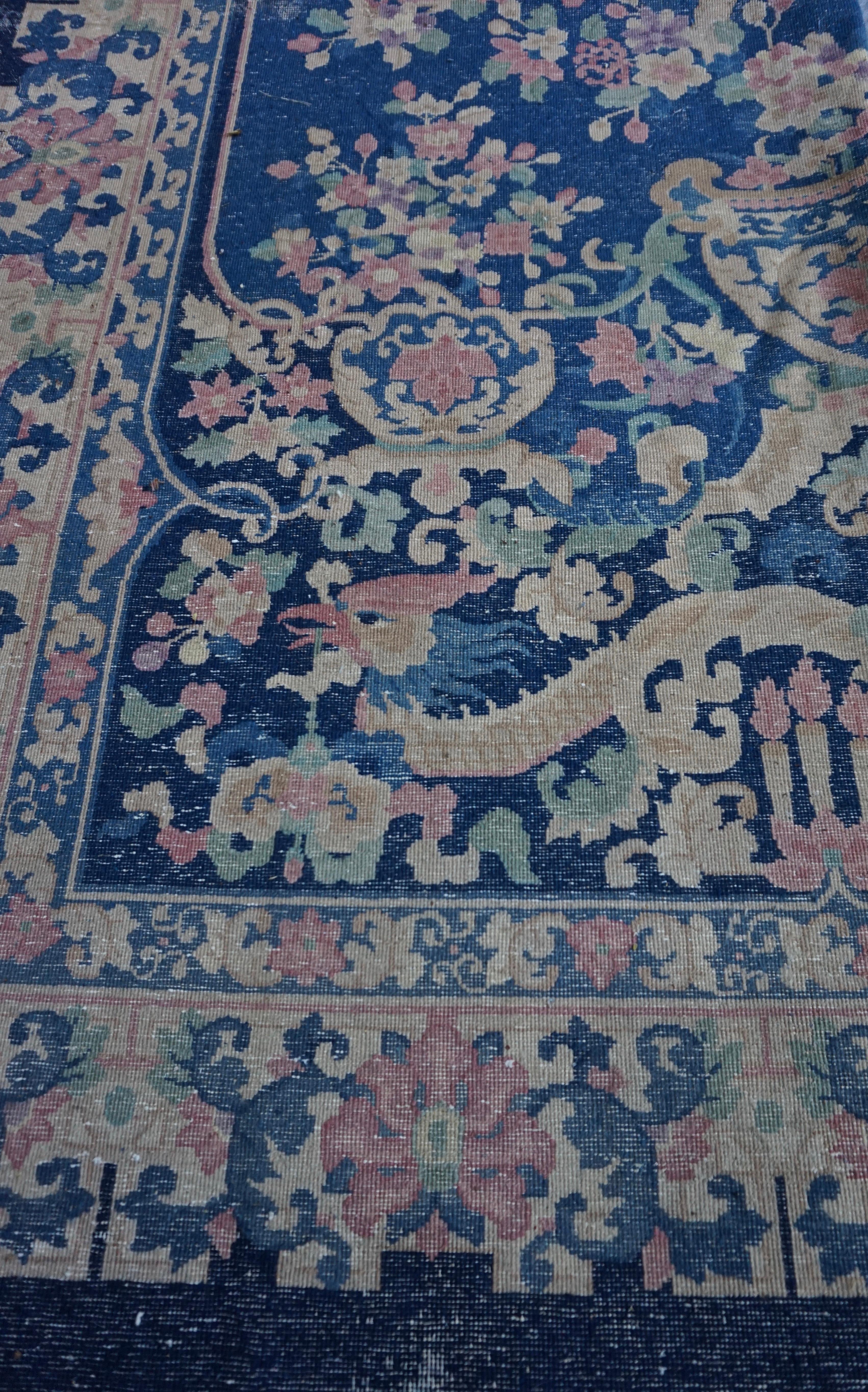 Rare Art Deco Nichols Hand Knotted Navy Chinese Dragon & Phoenix Rug Yin & Yang For Sale 9