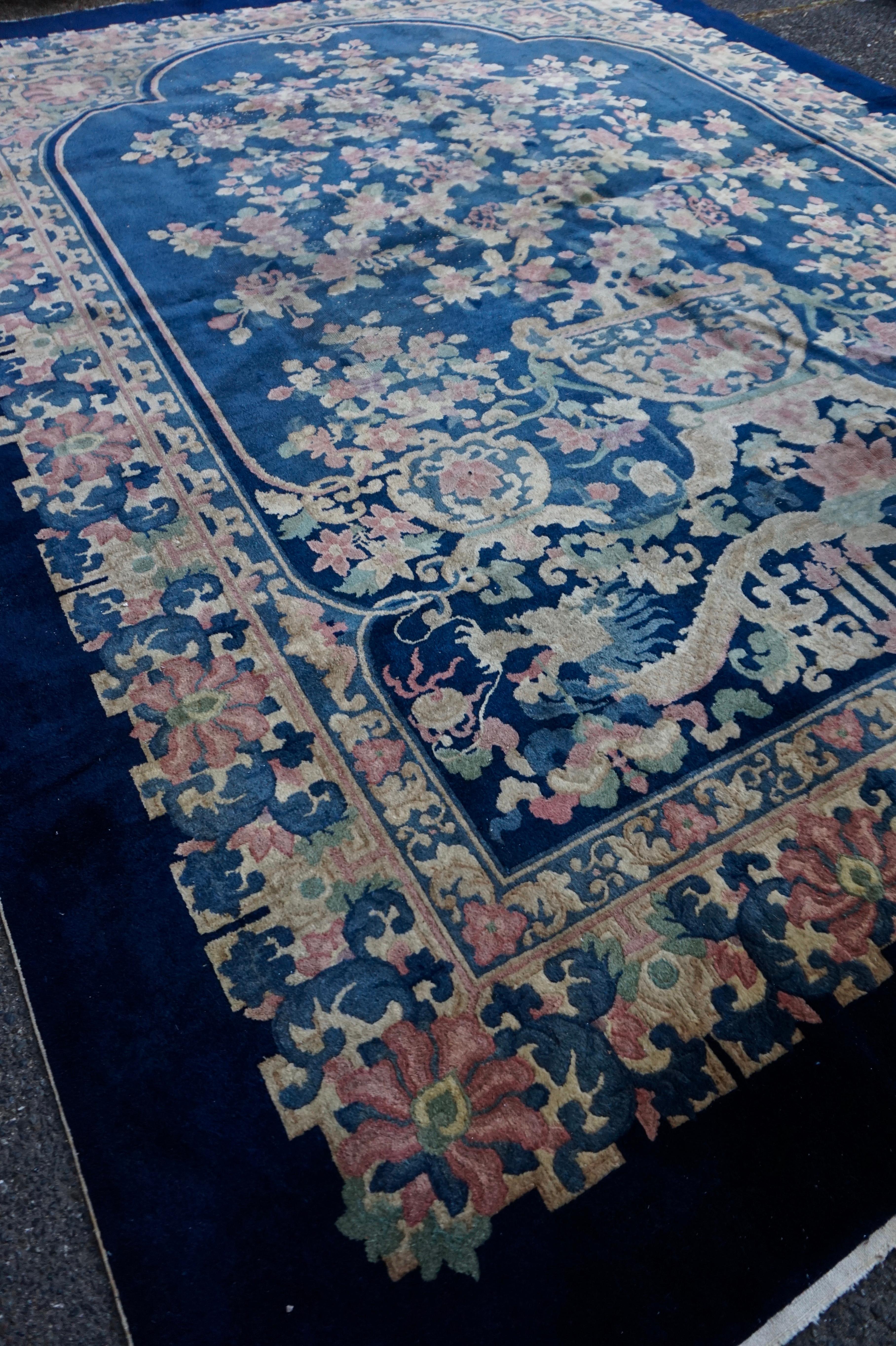 Wool Rare Art Deco Nichols Hand Knotted Navy Chinese Dragon & Phoenix Rug Yin & Yang For Sale