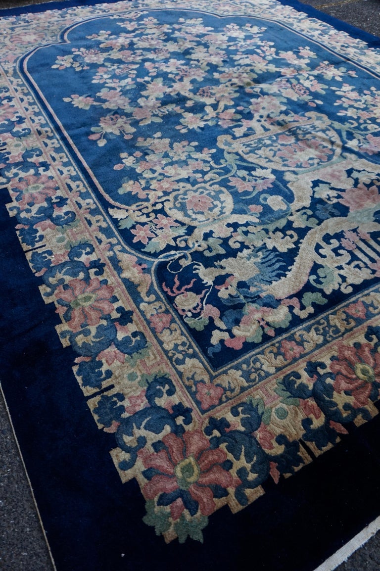 Rare Art Deco Nichols Hand Knotted Navy Chinese Dragon and Phoenix Rug ...