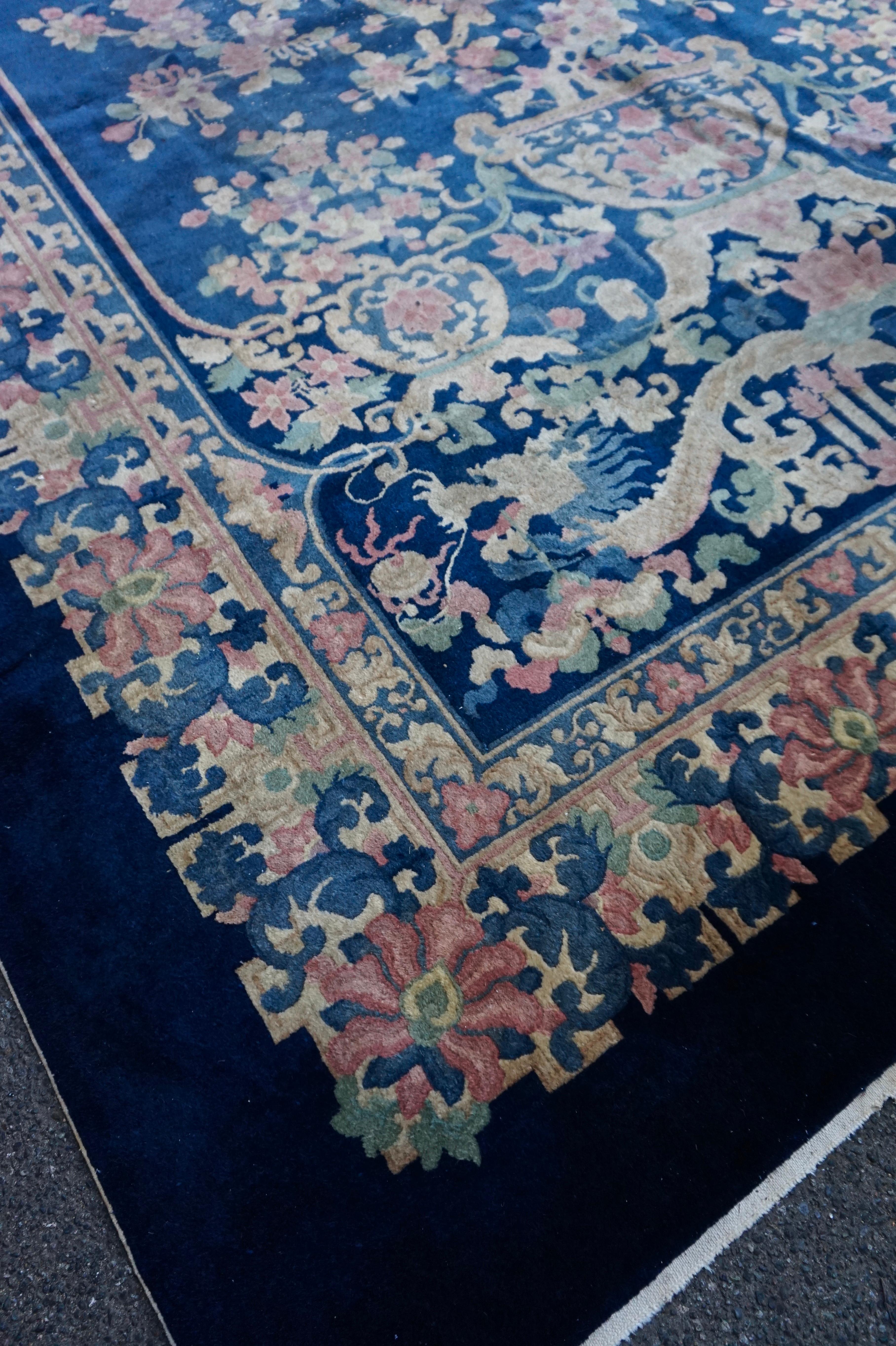 Rare Art Deco Nichols Hand Knotted Navy Chinese Dragon & Phoenix Rug Yin & Yang For Sale 1