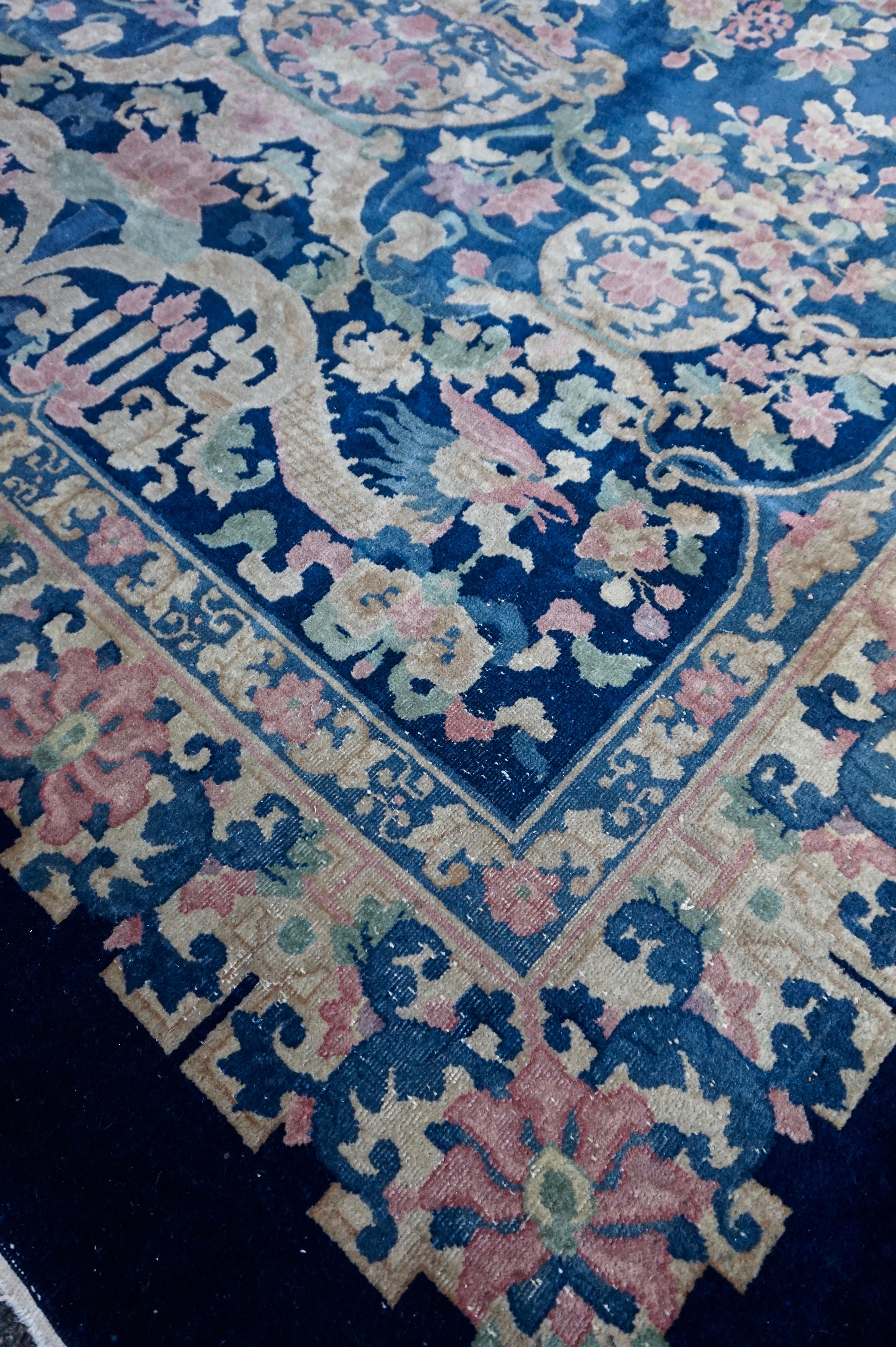Rare Art Deco Nichols Hand Knotted Navy Chinese Dragon & Phoenix Rug Yin & Yang For Sale 3