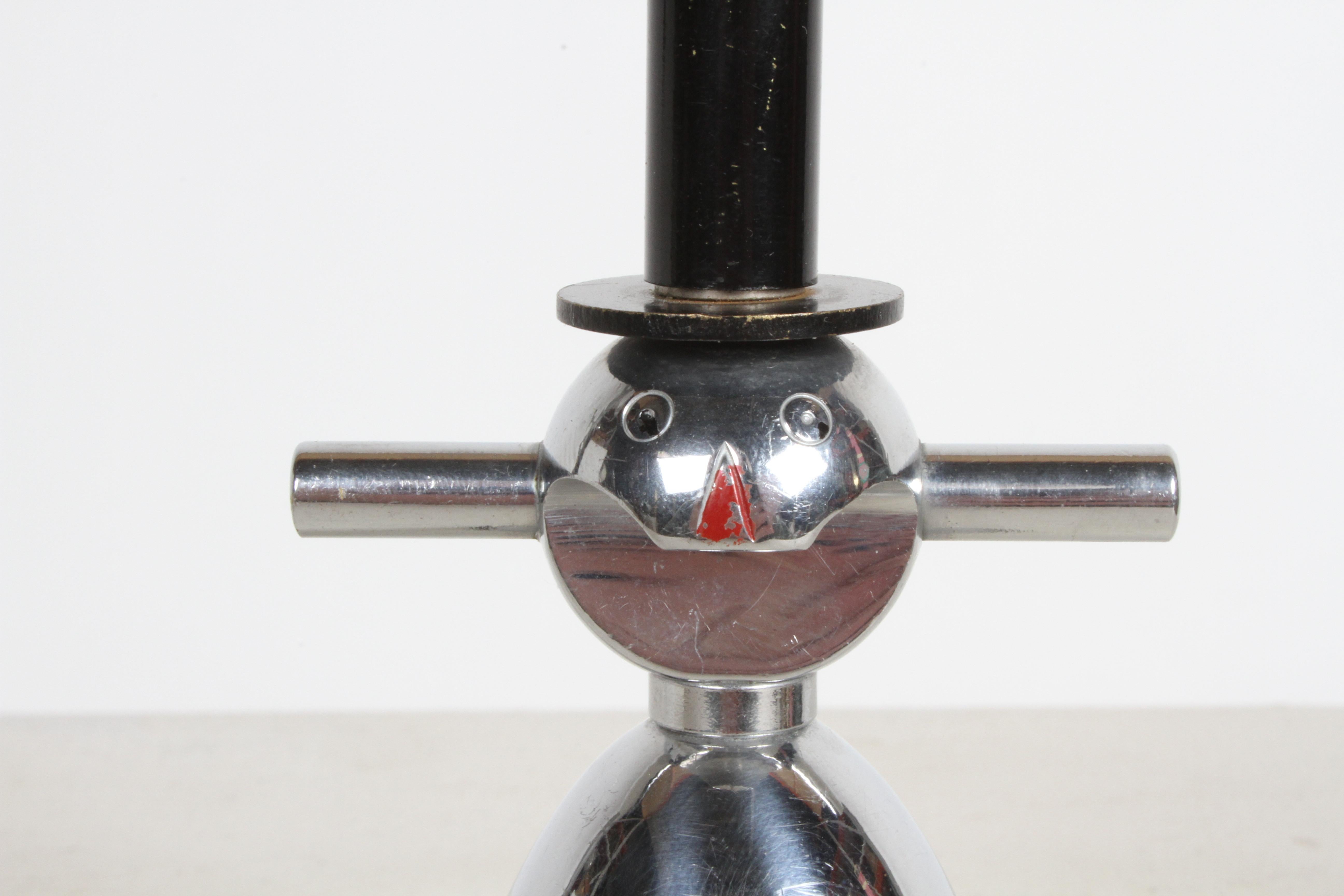 Brass Rare Art Deco Novelty Chrome Snowman Jigger, Bottle Opener & Cork Screw For Sale