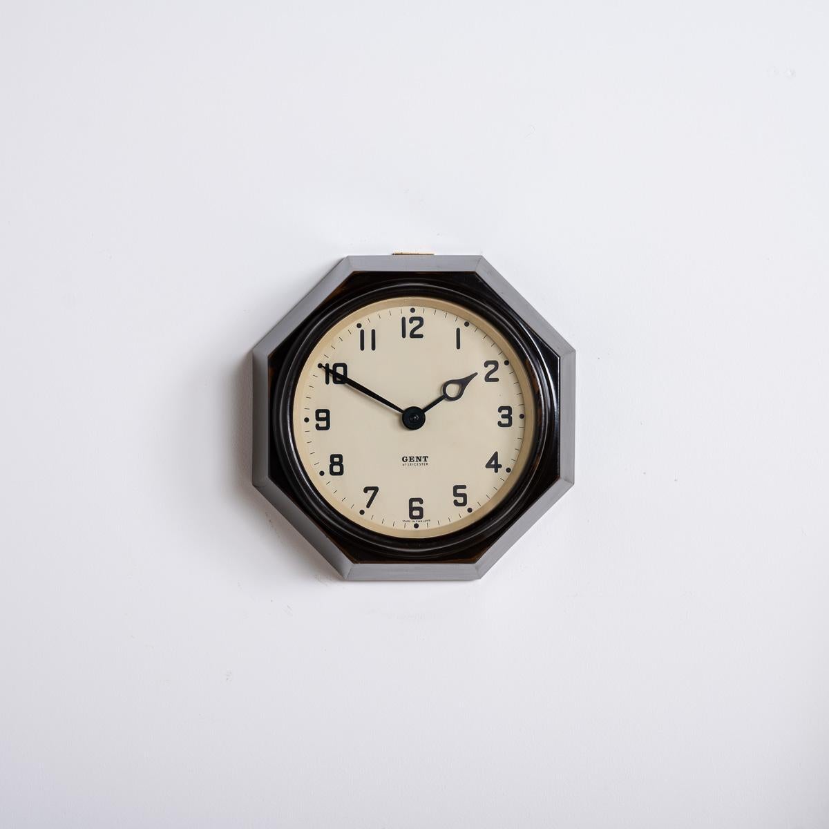 British Rare Art Deco Octagonal Bakelite Wall Clock by Gent of Leicester