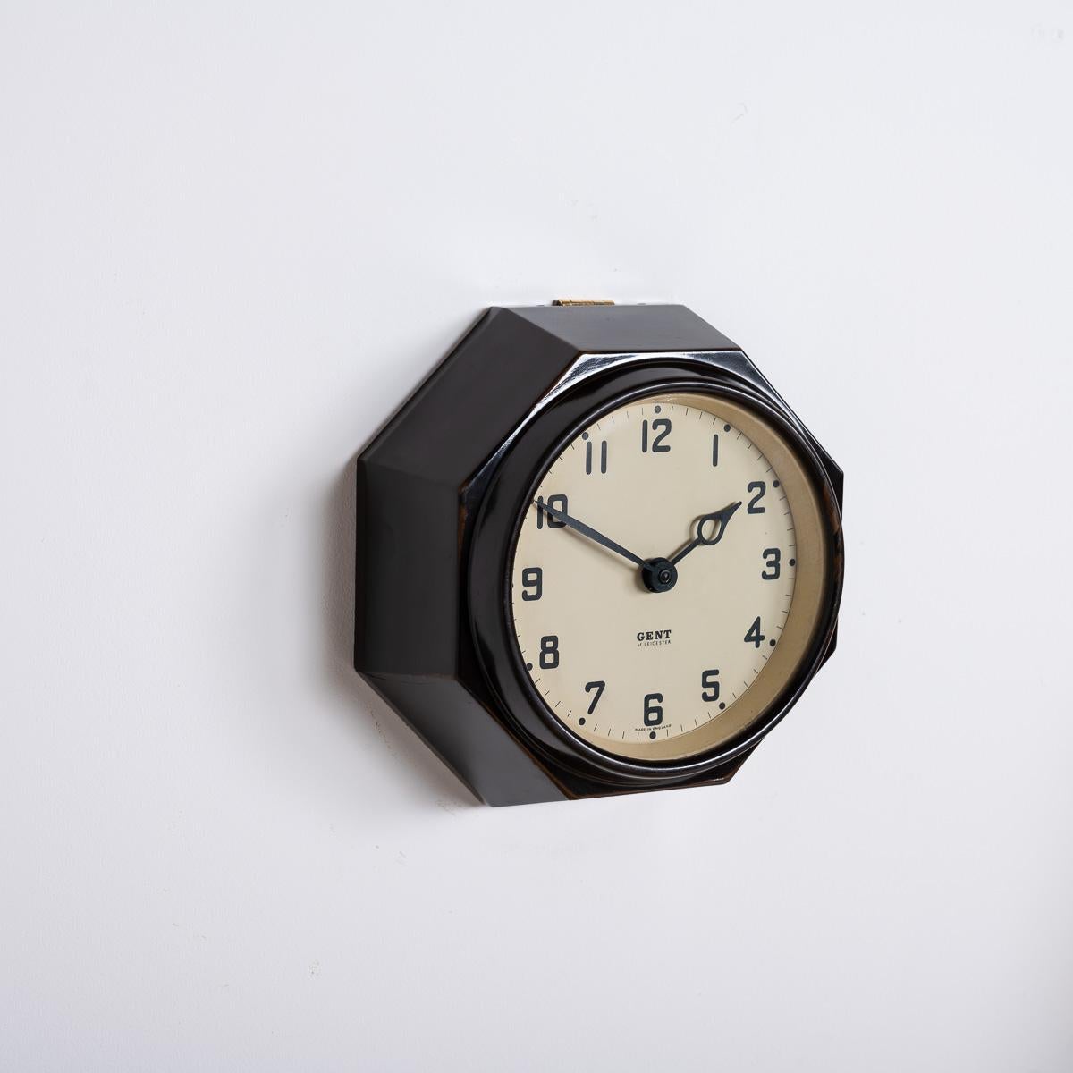 Steel Rare Art Deco Octagonal Bakelite Wall Clock by Gent of Leicester
