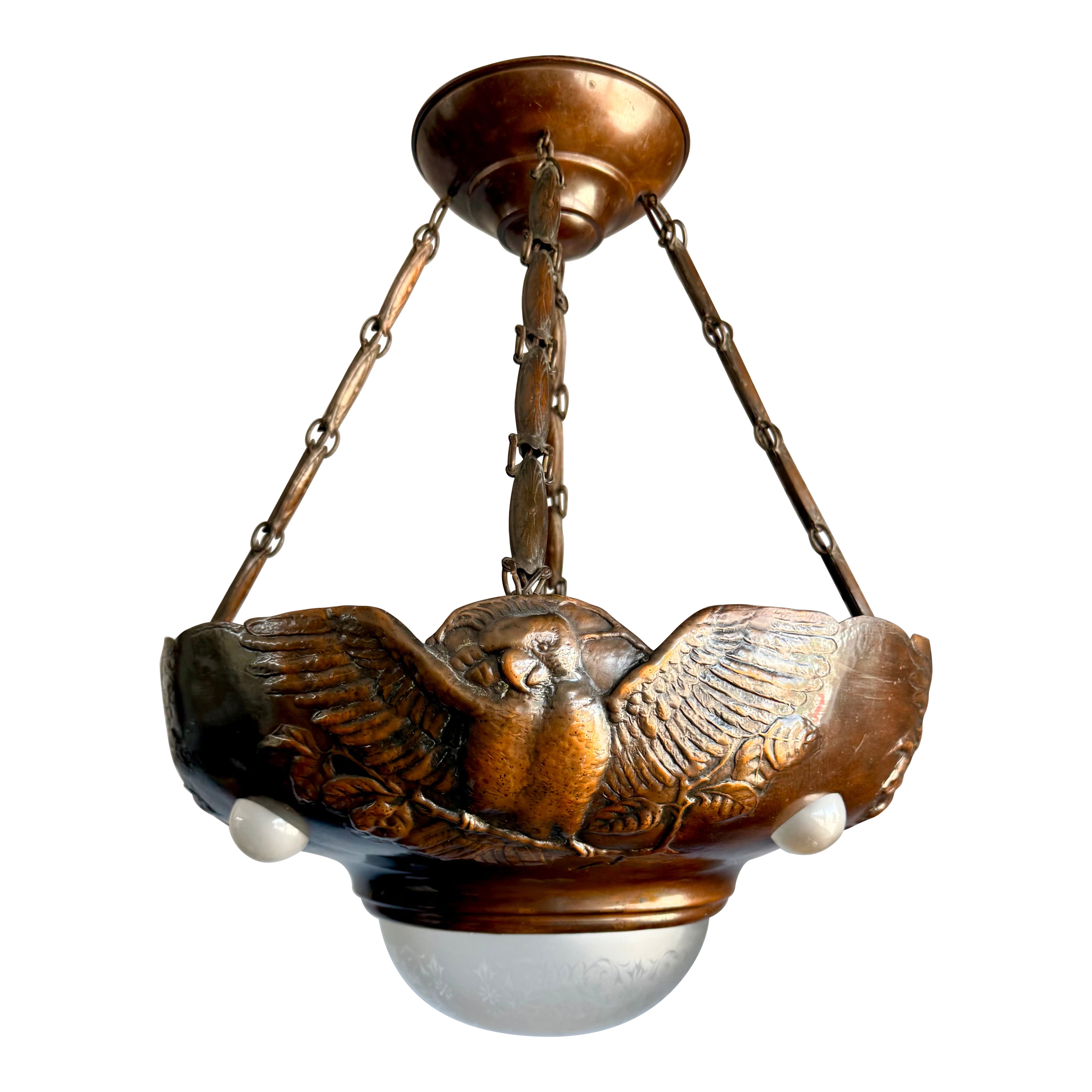 Rare Art Deco Patinated Copper Pendant Chandelier, Eagle Relief and Etched Glass