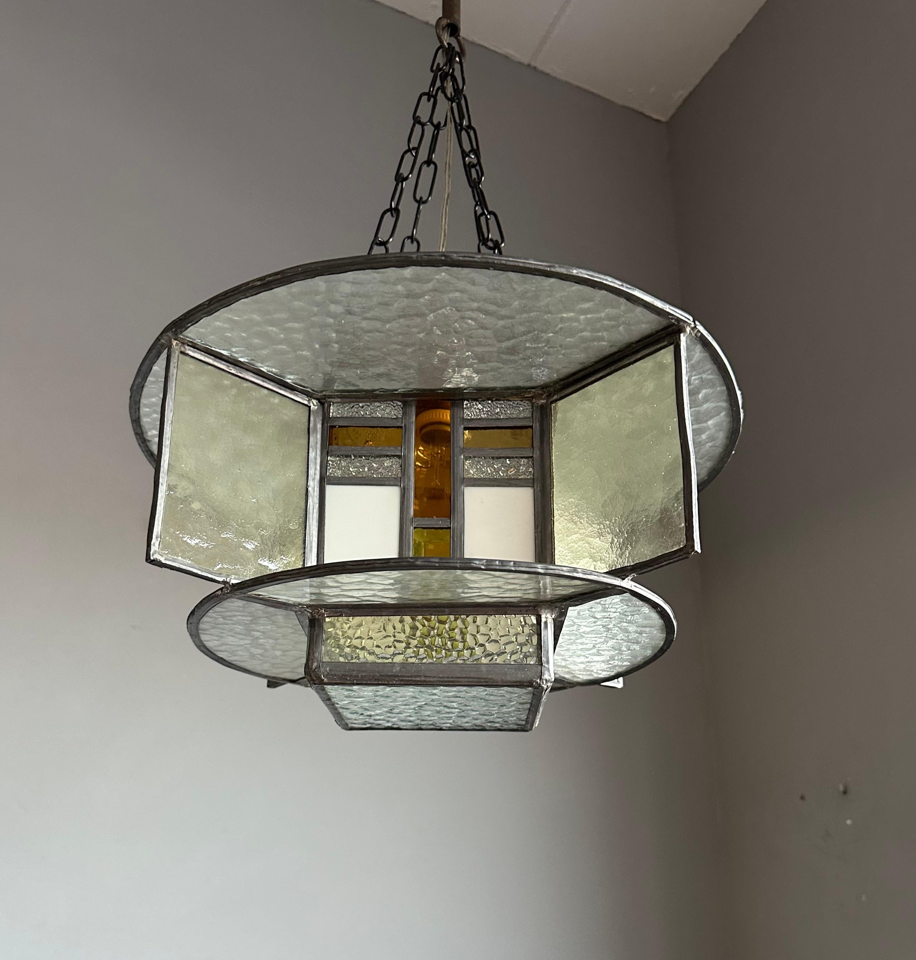 Rare Art Deco Pendant / Ceiling Light w. Stain Leaded Glass Shades, Lighting Art 3