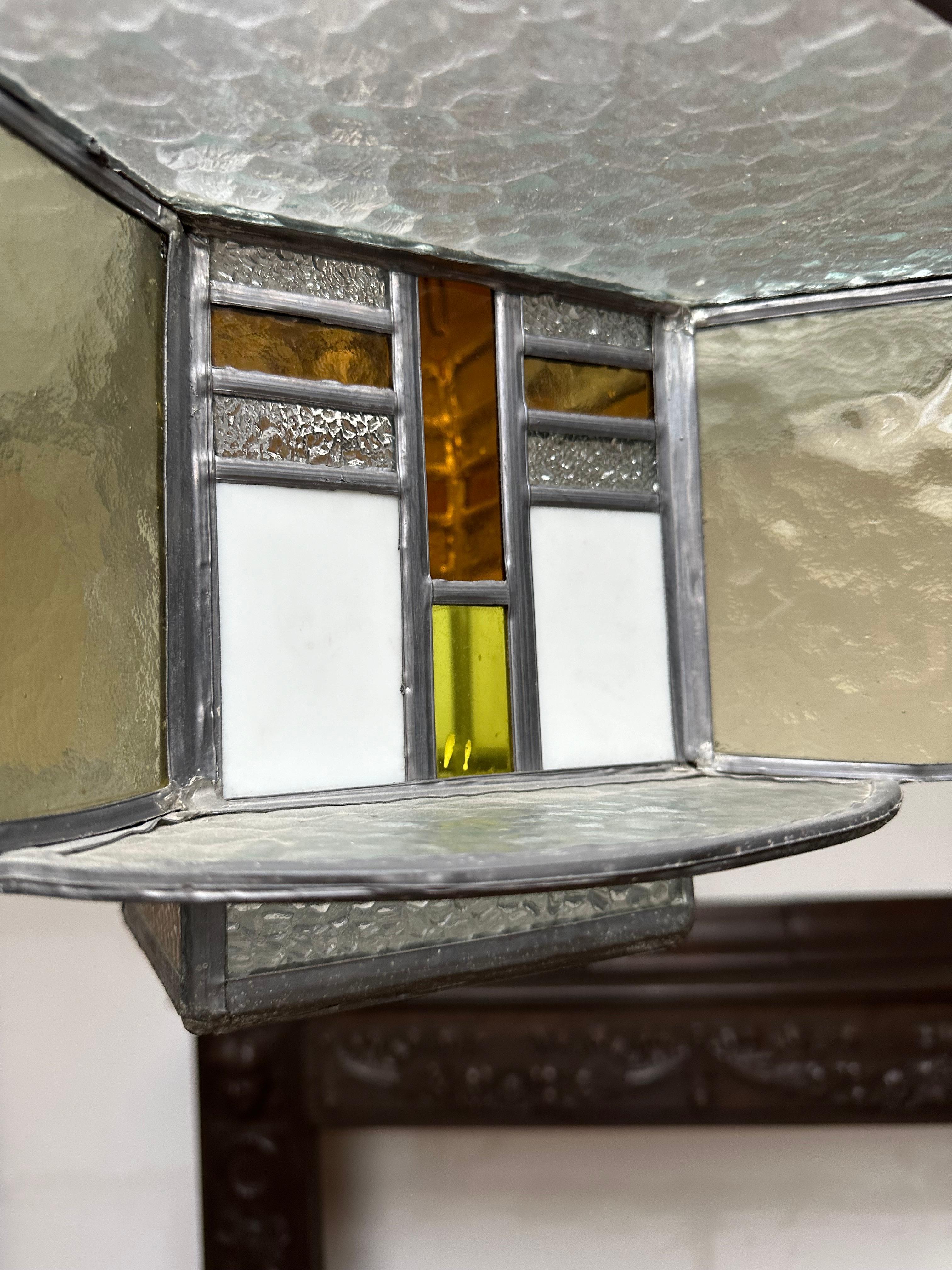 Rare Art Deco Pendant / Ceiling Light w. Stain Leaded Glass Shades, Lighting Art For Sale 6