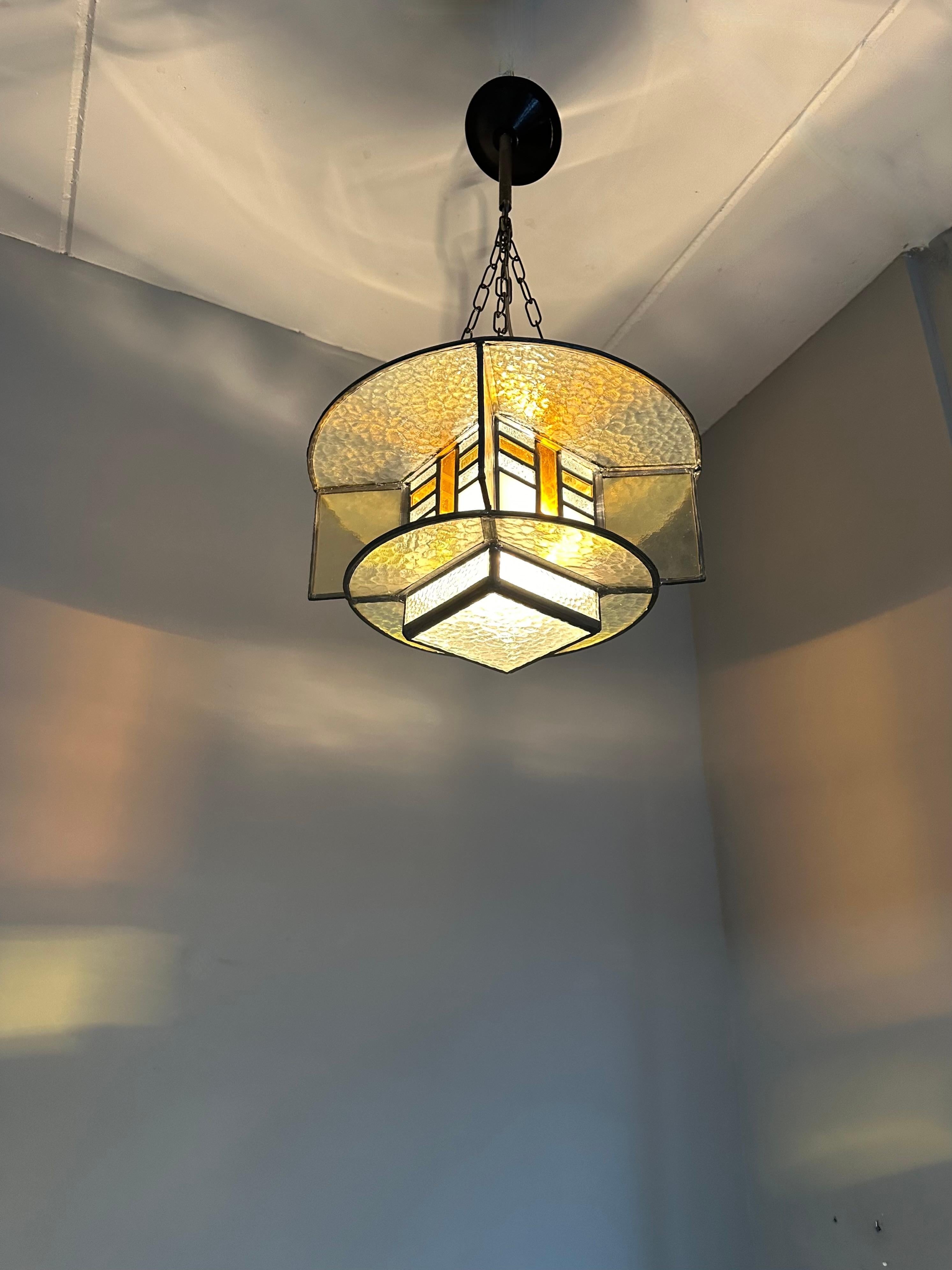 Rare Art Deco Pendant / Ceiling Light w. Stain Leaded Glass Shades, Lighting Art For Sale 7