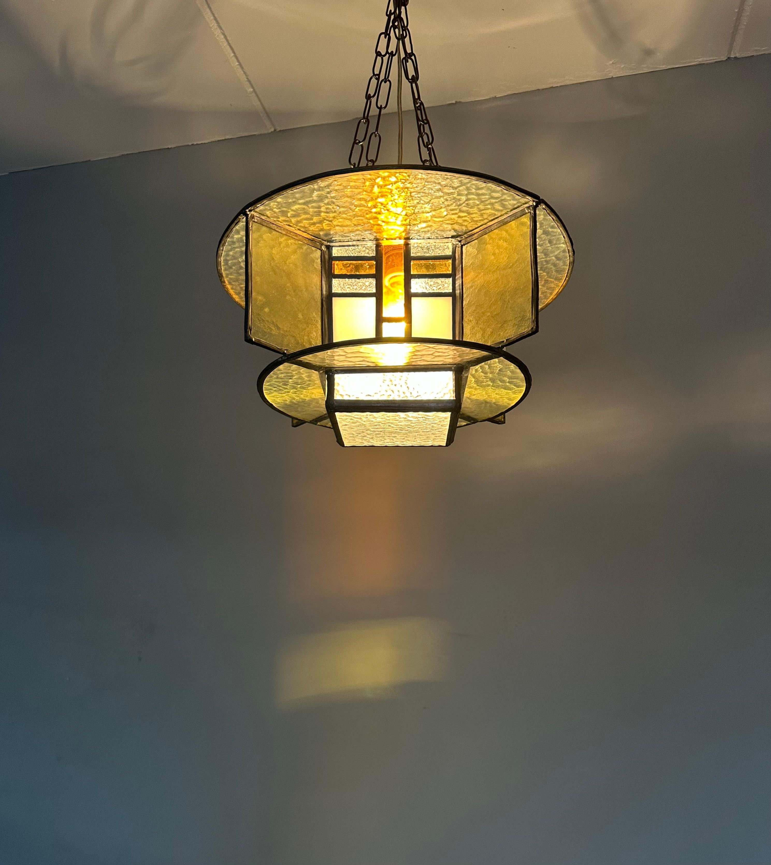 Rare Art Deco Pendant / Ceiling Light w. Stain Leaded Glass Shades, Lighting Art For Sale 8