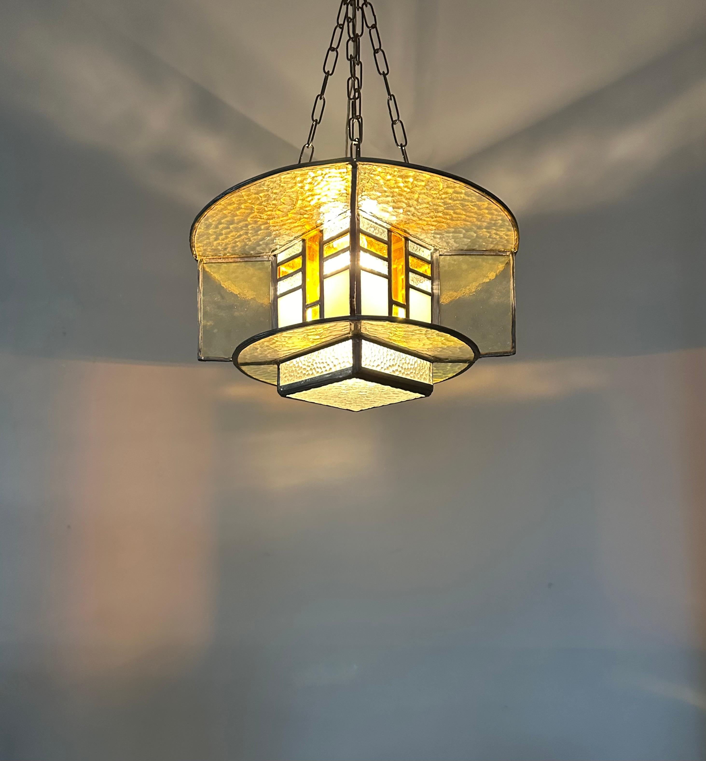 Rare Art Deco Pendant / Ceiling Light w. Stain Leaded Glass Shades, Lighting Art For Sale 9