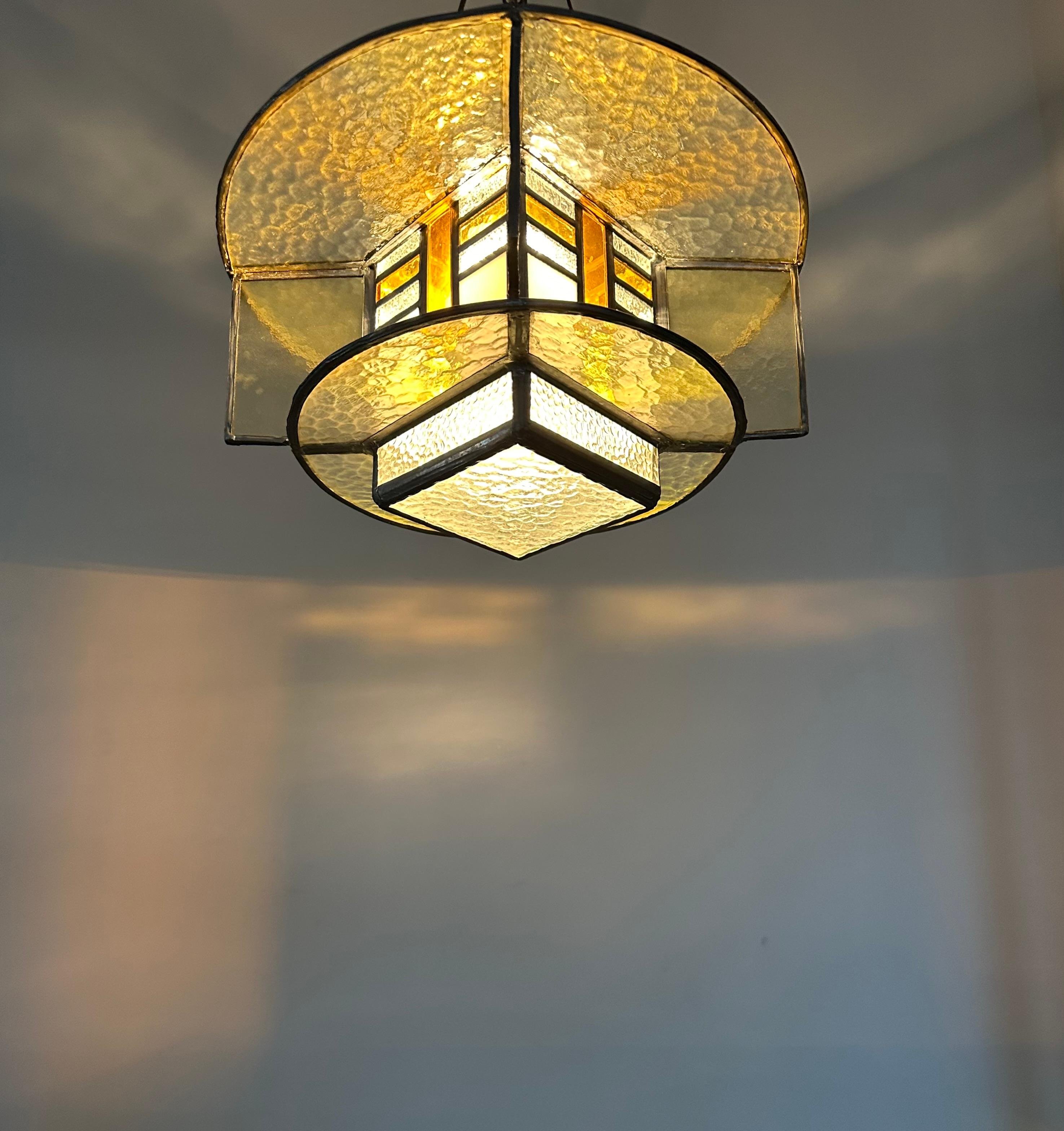 Rare Art Deco Pendant / Ceiling Light w. Stain Leaded Glass Shades, Lighting Art For Sale 10