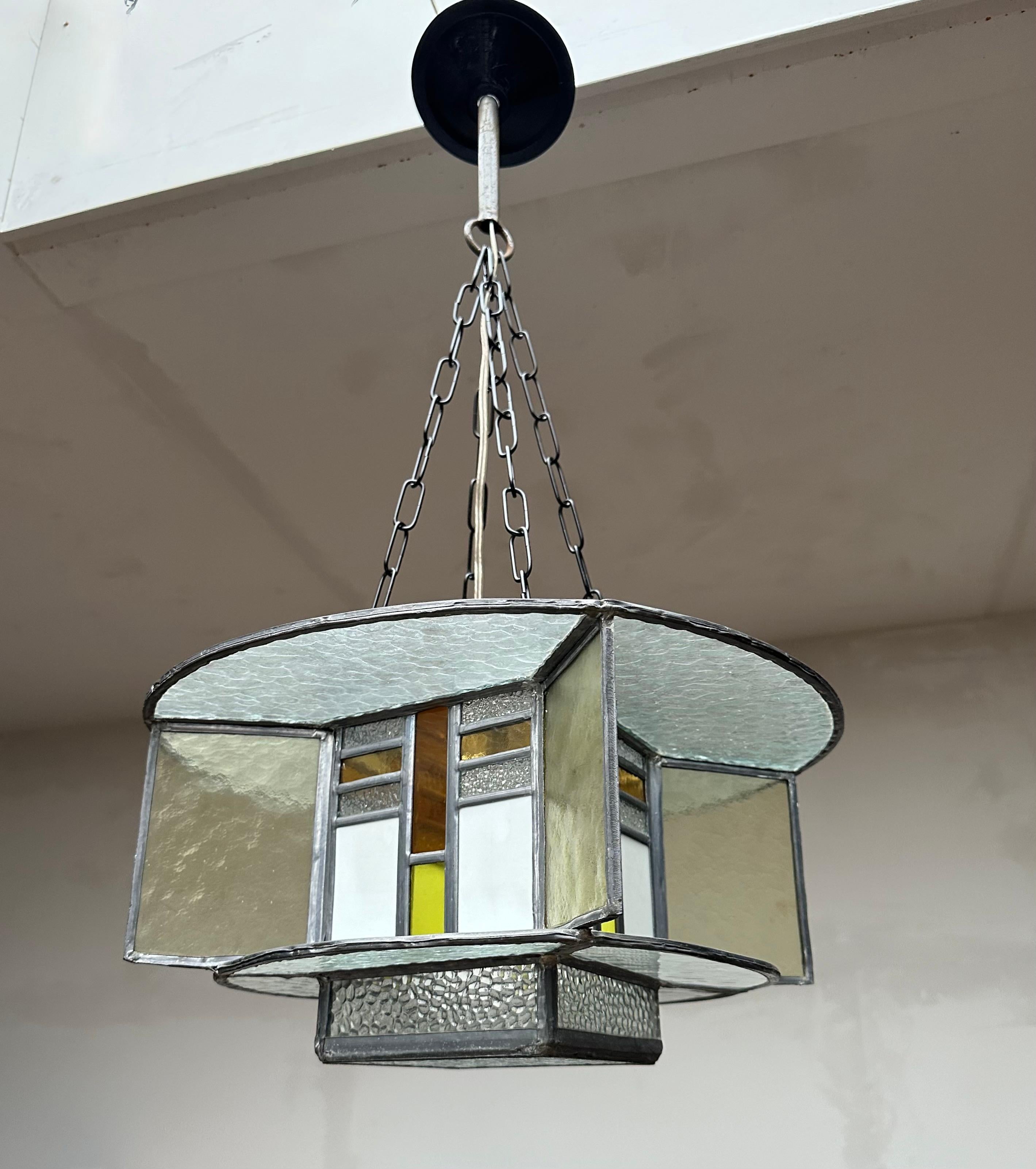 Rare Art Deco Pendant / Ceiling Light w. Stain Leaded Glass Shades, Lighting Art For Sale 11