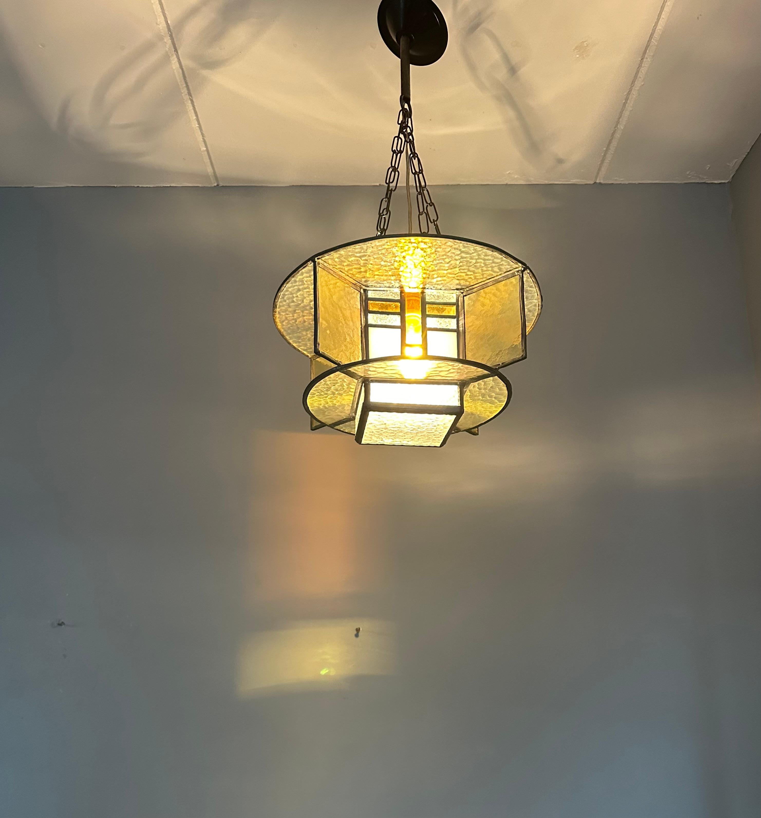 Rare Art Deco Pendant / Ceiling Light w. Stain Leaded Glass Shades, Lighting Art For Sale 12