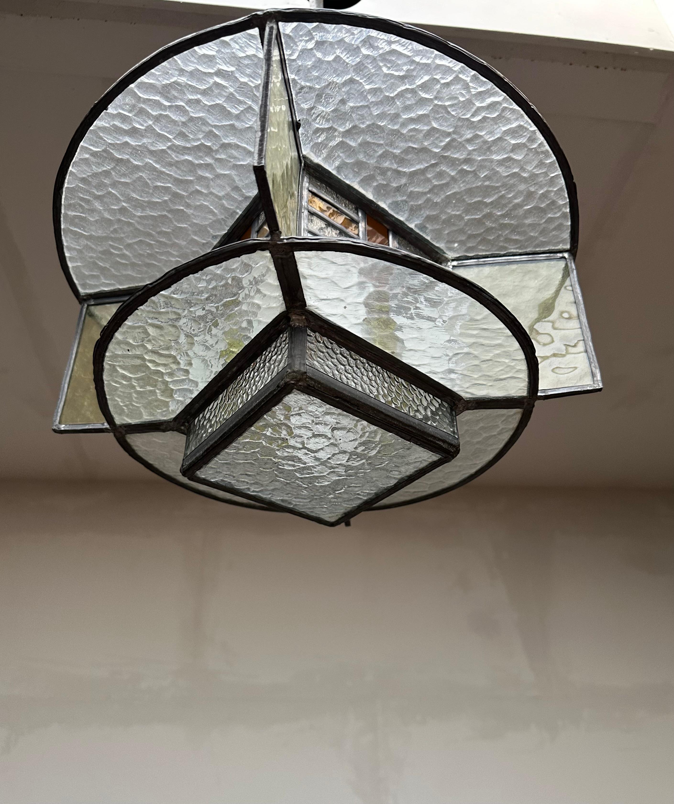 Rare Art Deco Pendant / Ceiling Light w. Stain Leaded Glass Shades, Lighting Art For Sale 13