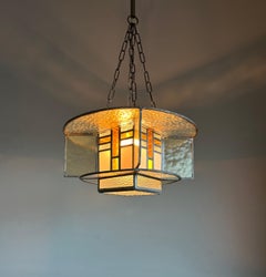 Rare suspension / plafonnier Art Déco w. Stain Leaded Glass Shades, Lighting Art (en anglais)