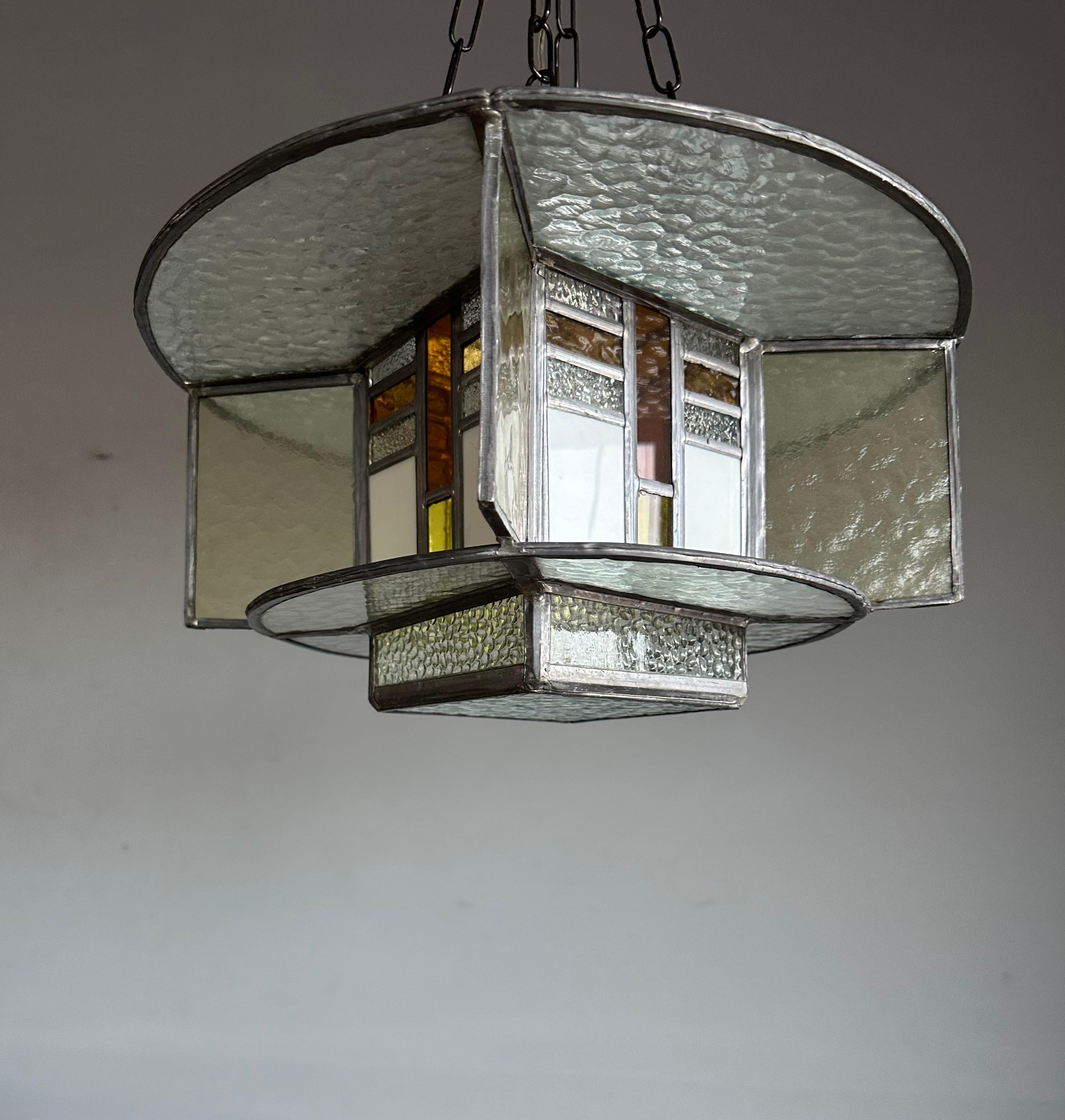 European Rare Art Deco Pendant / Ceiling Light w. Stain Leaded Glass Shades, Lighting Art For Sale
