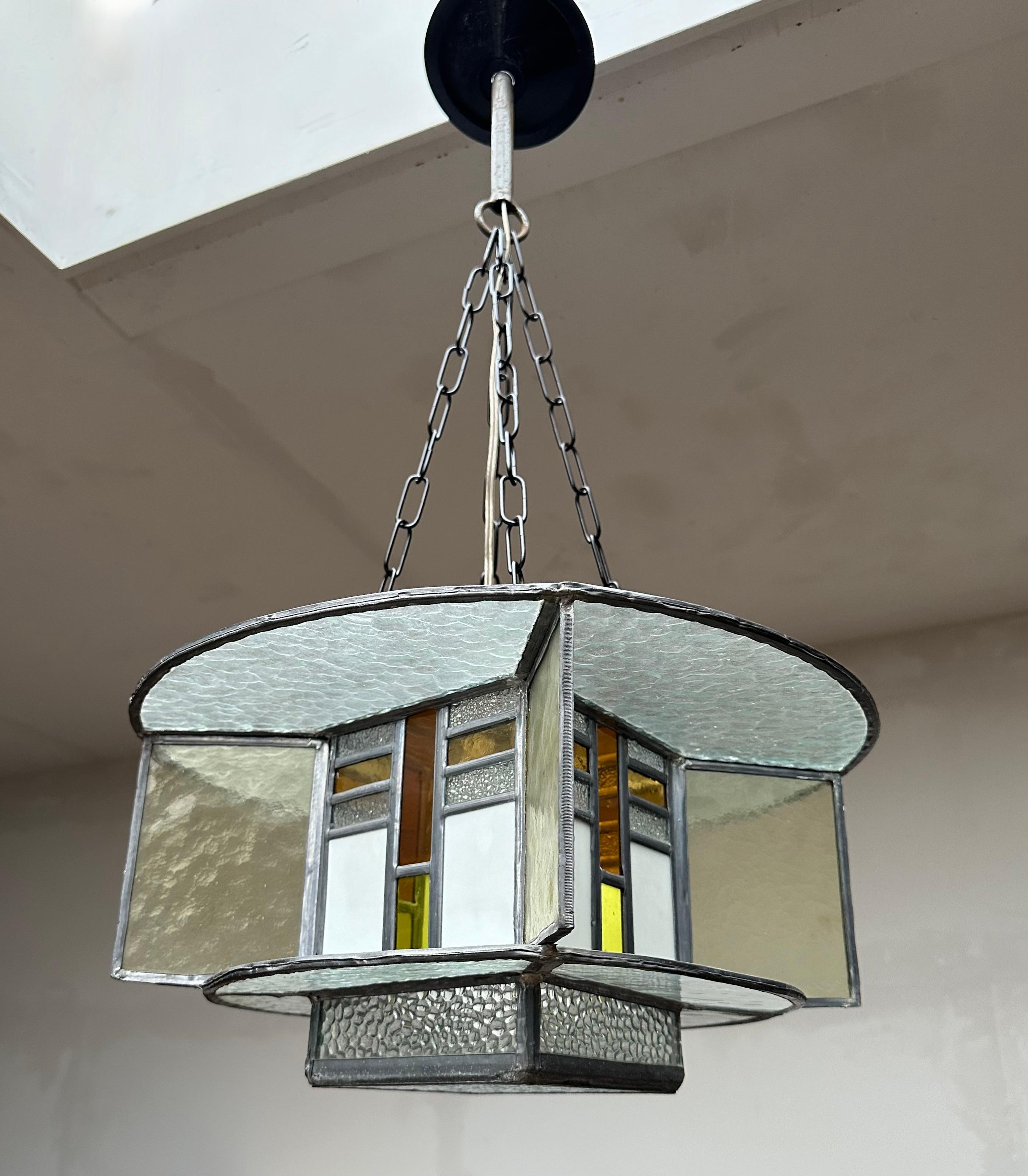 Hand-Crafted Rare Art Deco Pendant / Ceiling Light w. Stain Leaded Glass Shades, Lighting Art For Sale