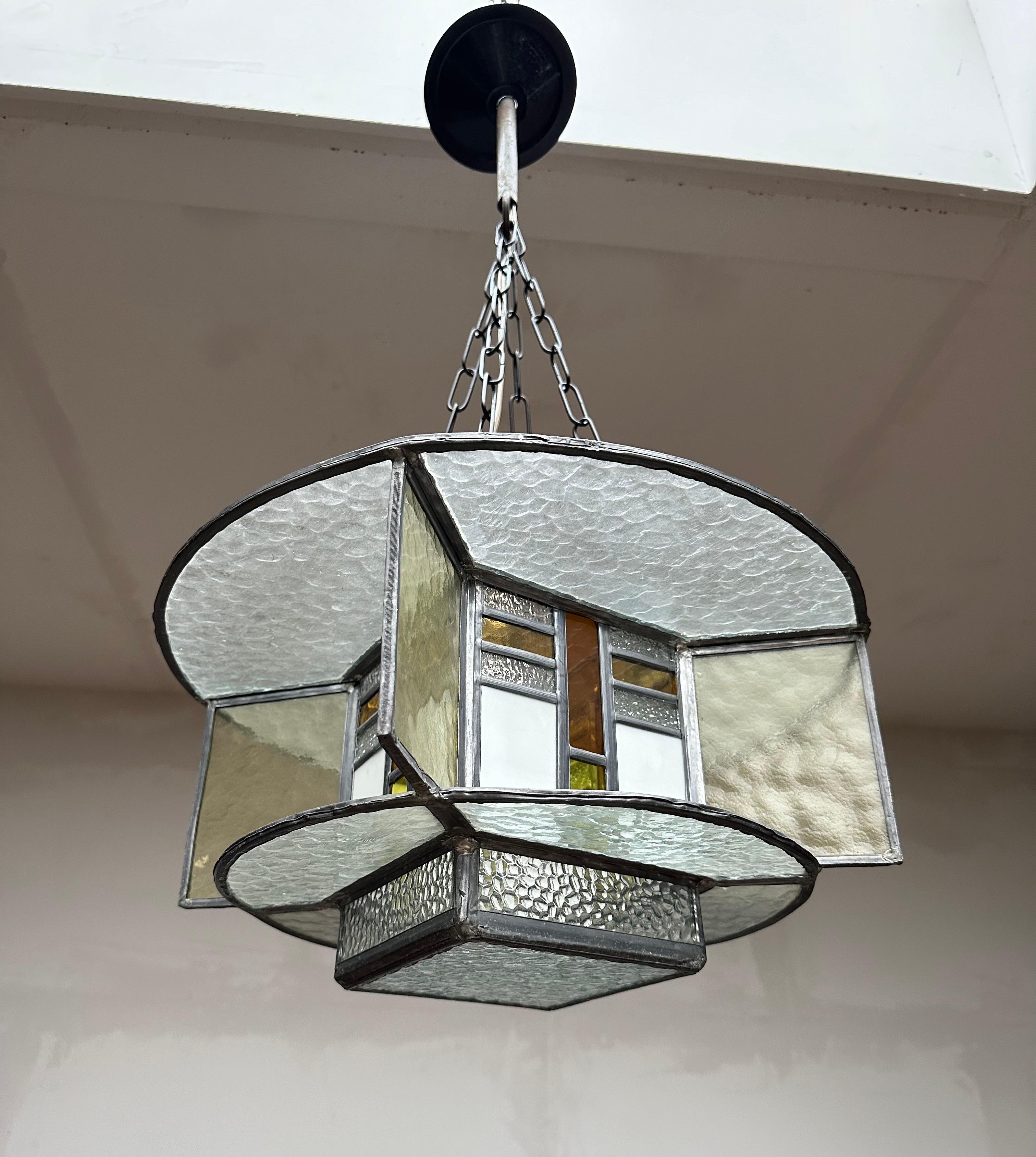 Rare Art Deco Pendant / Ceiling Light w. Stain Leaded Glass Shades, Lighting Art In Excellent Condition For Sale In Lisse, NL