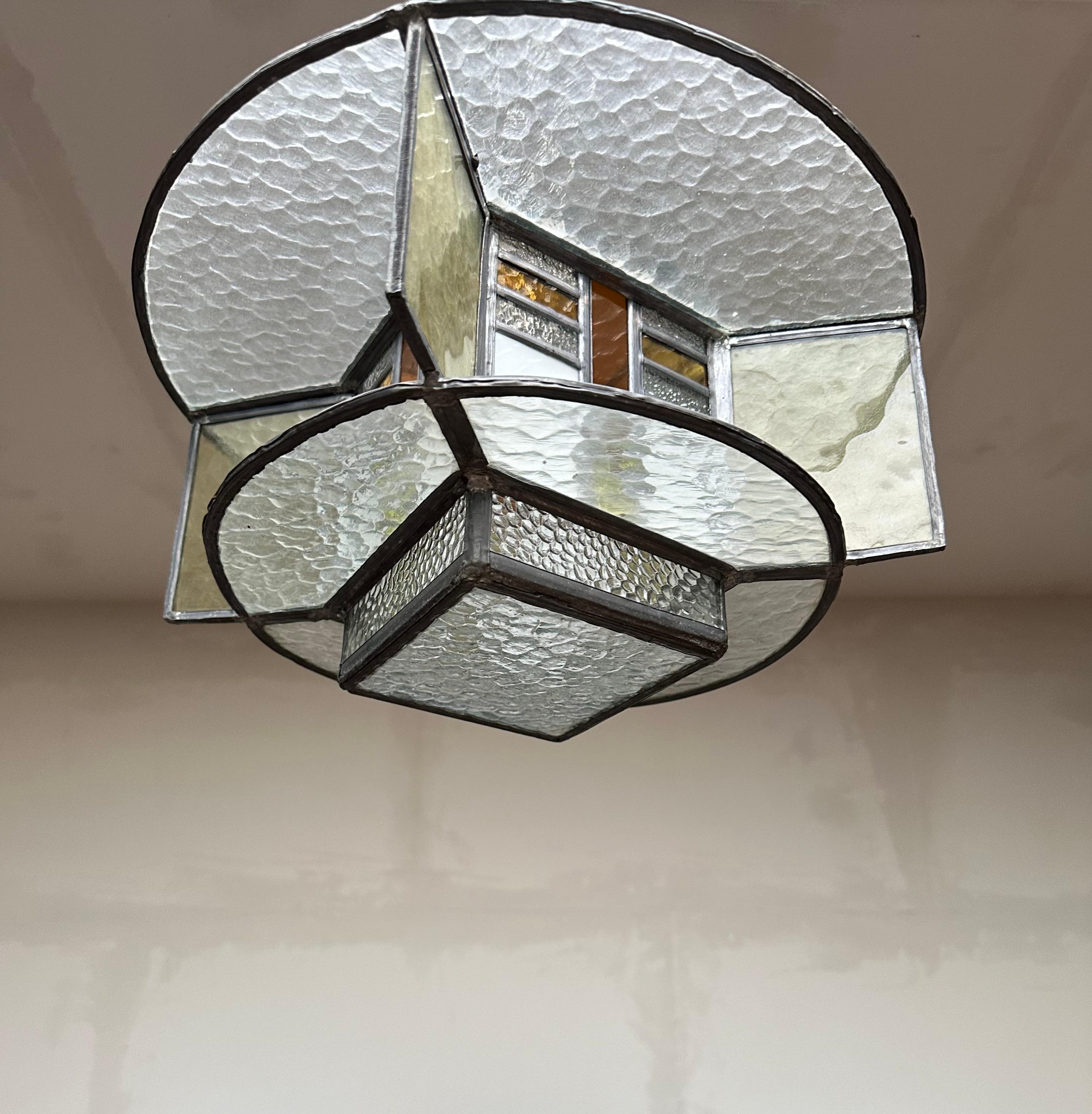 20th Century Rare Art Deco Pendant / Ceiling Light w. Stain Leaded Glass Shades, Lighting Art For Sale