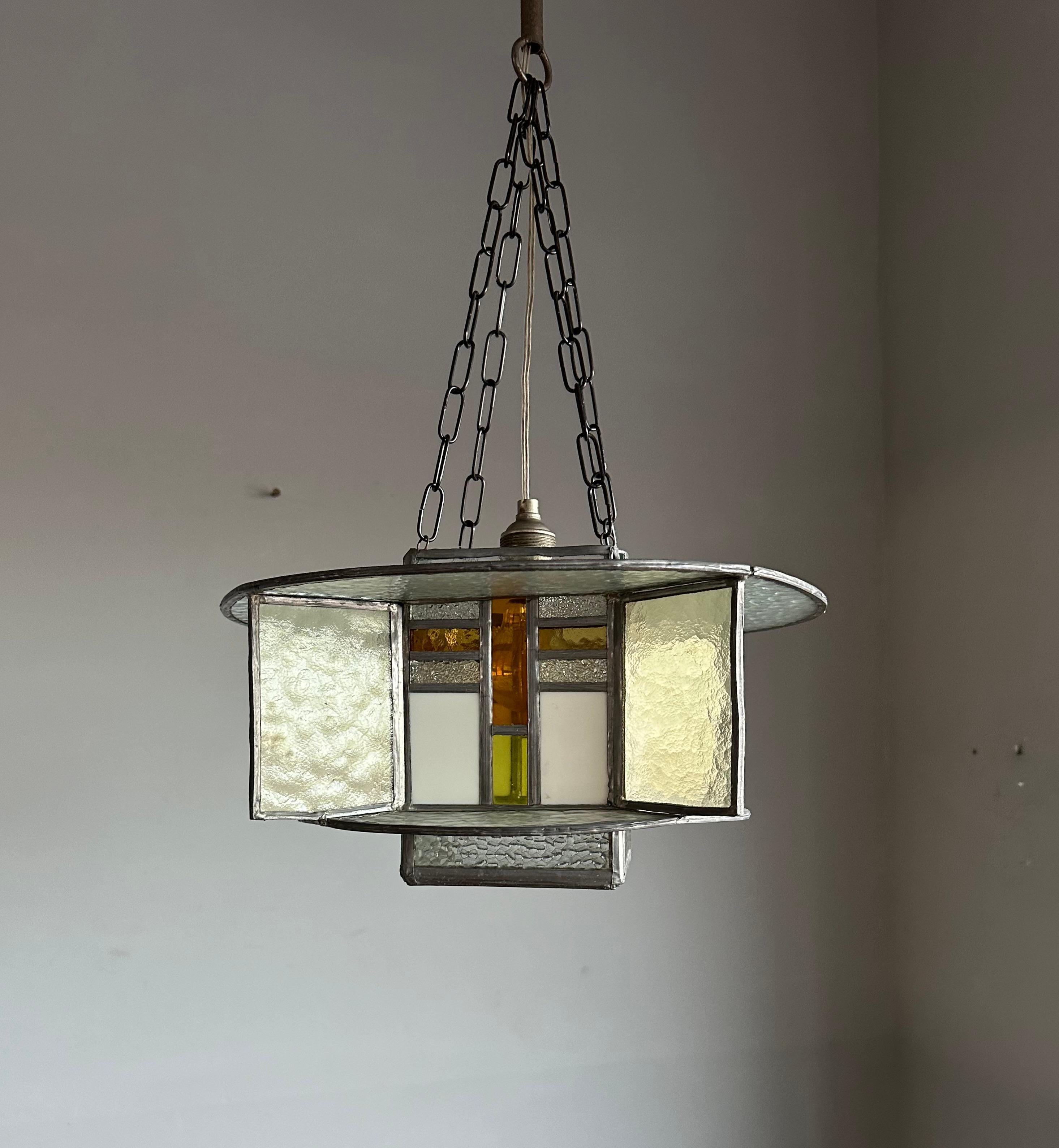Rare Art Deco Pendant / Ceiling Light w. Stain Leaded Glass Shades, Lighting Art For Sale 2