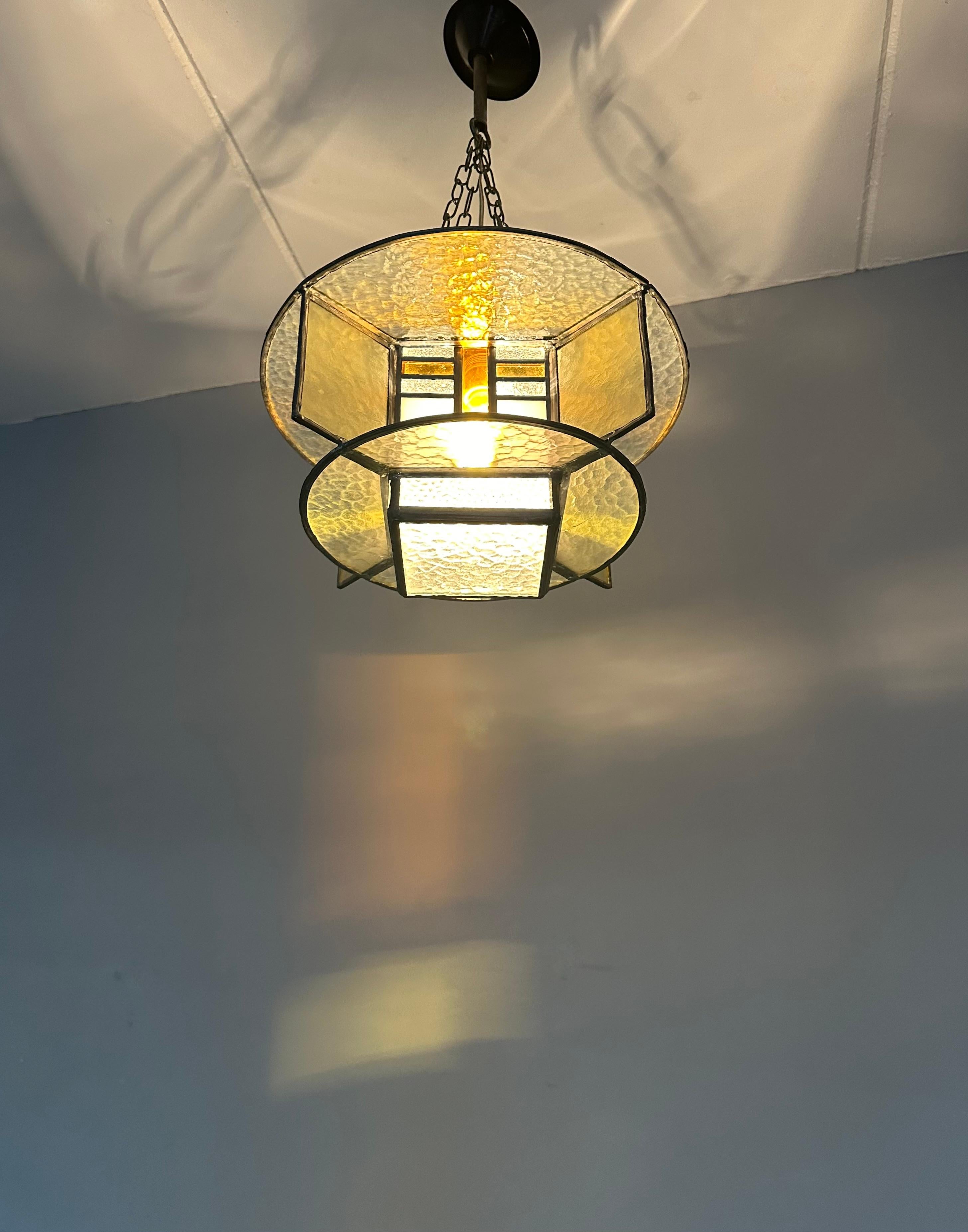 Rare Art Deco Pendant / Ceiling Light w. Stain Leaded Glass Shades, Lighting Art For Sale 3