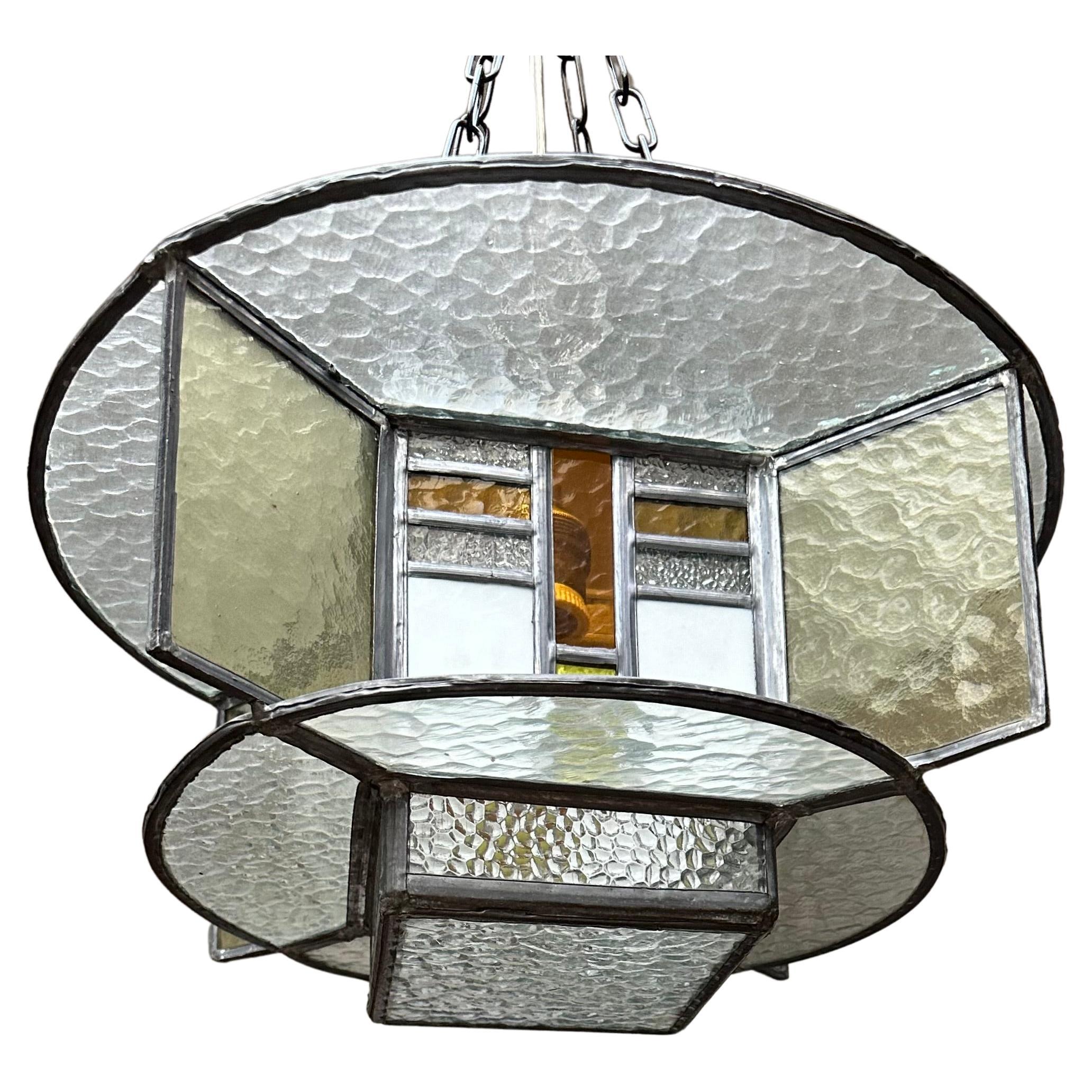 Rare Art Deco Pendant / Ceiling Light w. Stain Leaded Glass Shades, Lighting Art For Sale
