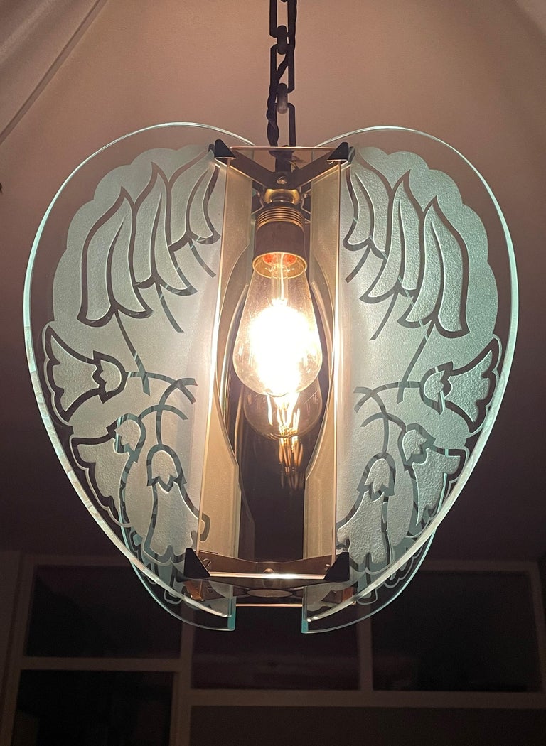 Rare Art Deco Pendant / Ceiling Light with Art Glass and Smoked Glass
