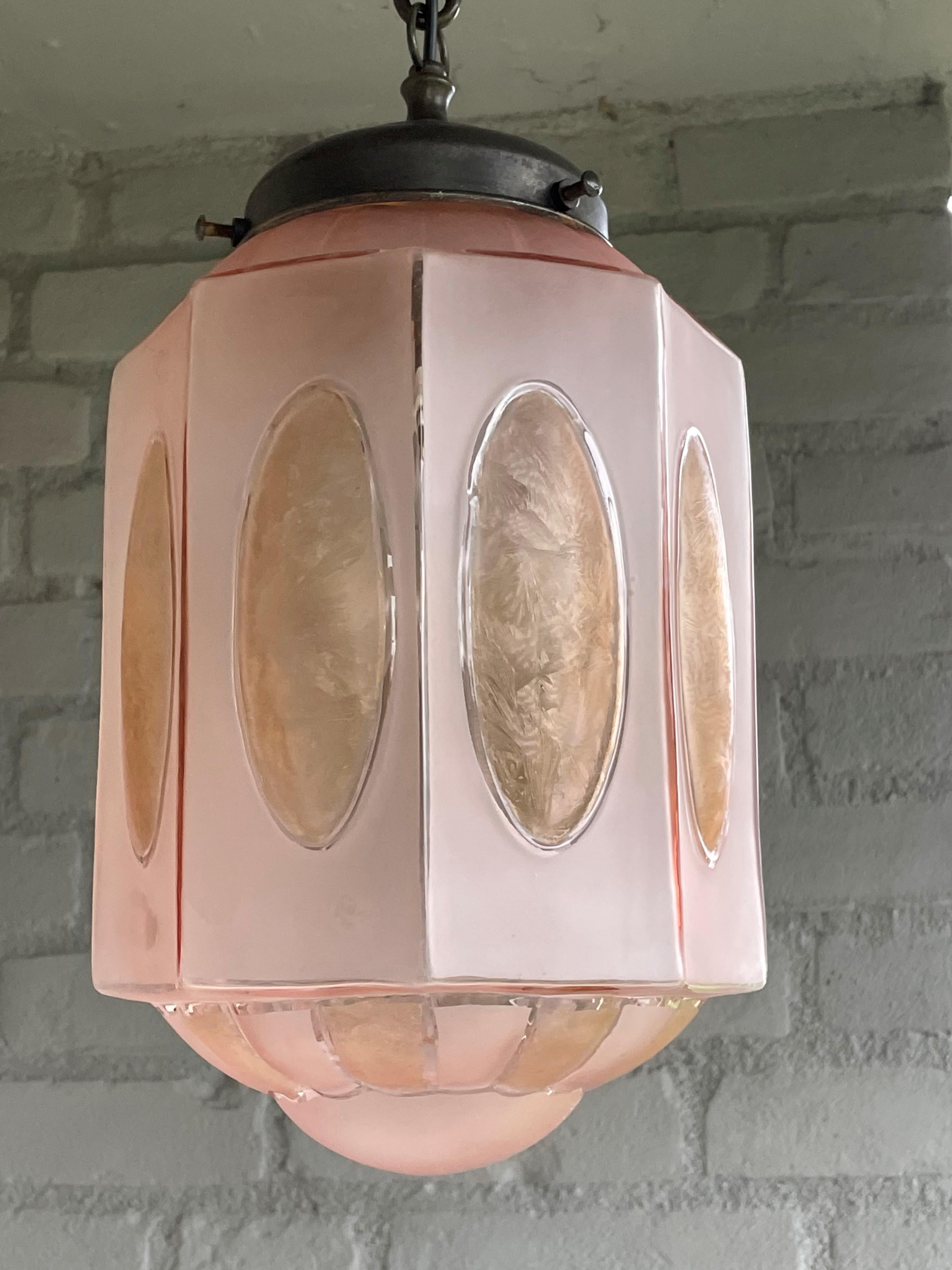Rare Art Deco Pendant Light Fixture w. Octagonal Satinated & Frosted Glass Shade For Sale 3