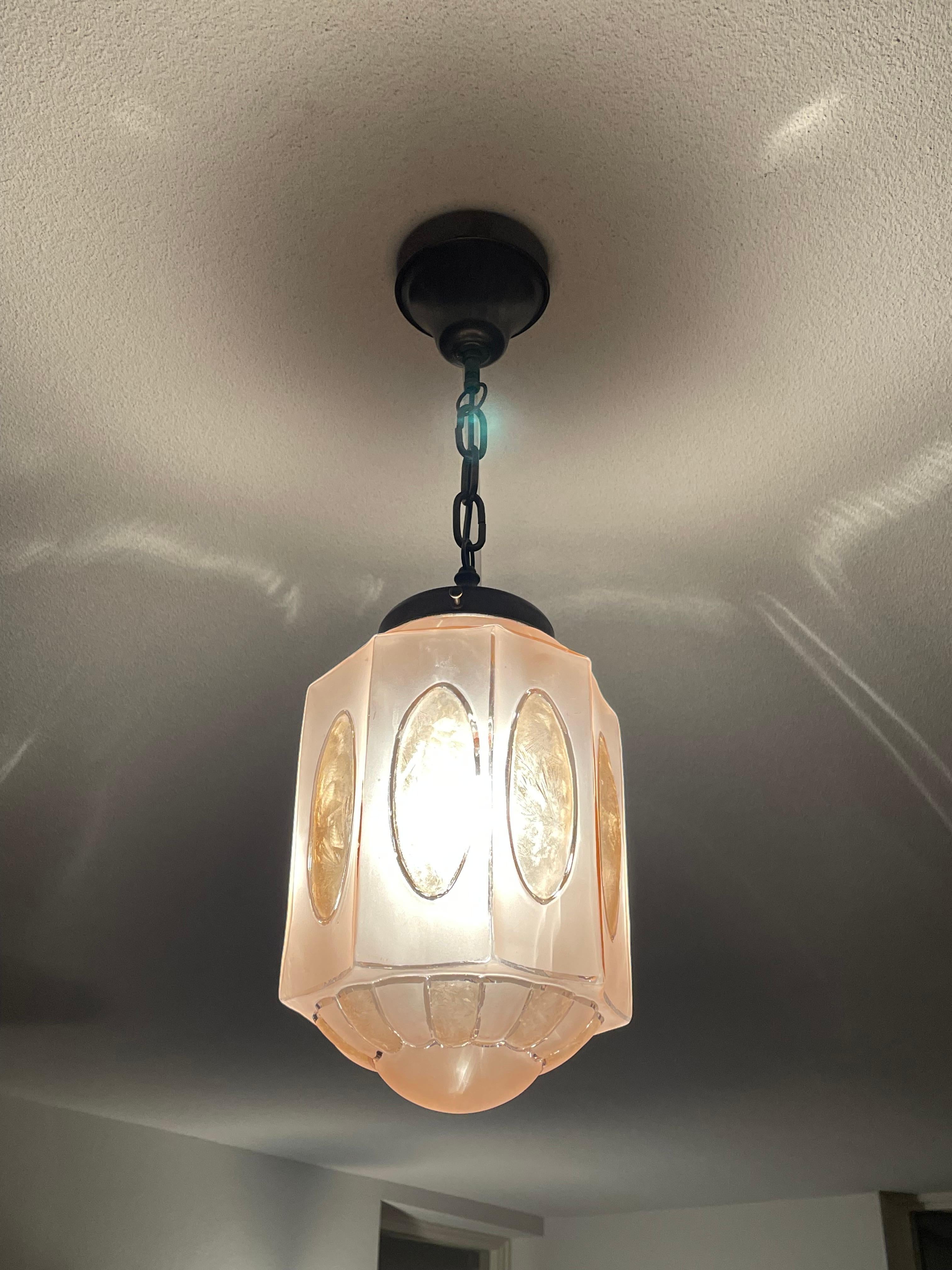 Rare Art Deco Pendant Light Fixture w. Octagonal Satinated & Frosted Glass Shade For Sale 7
