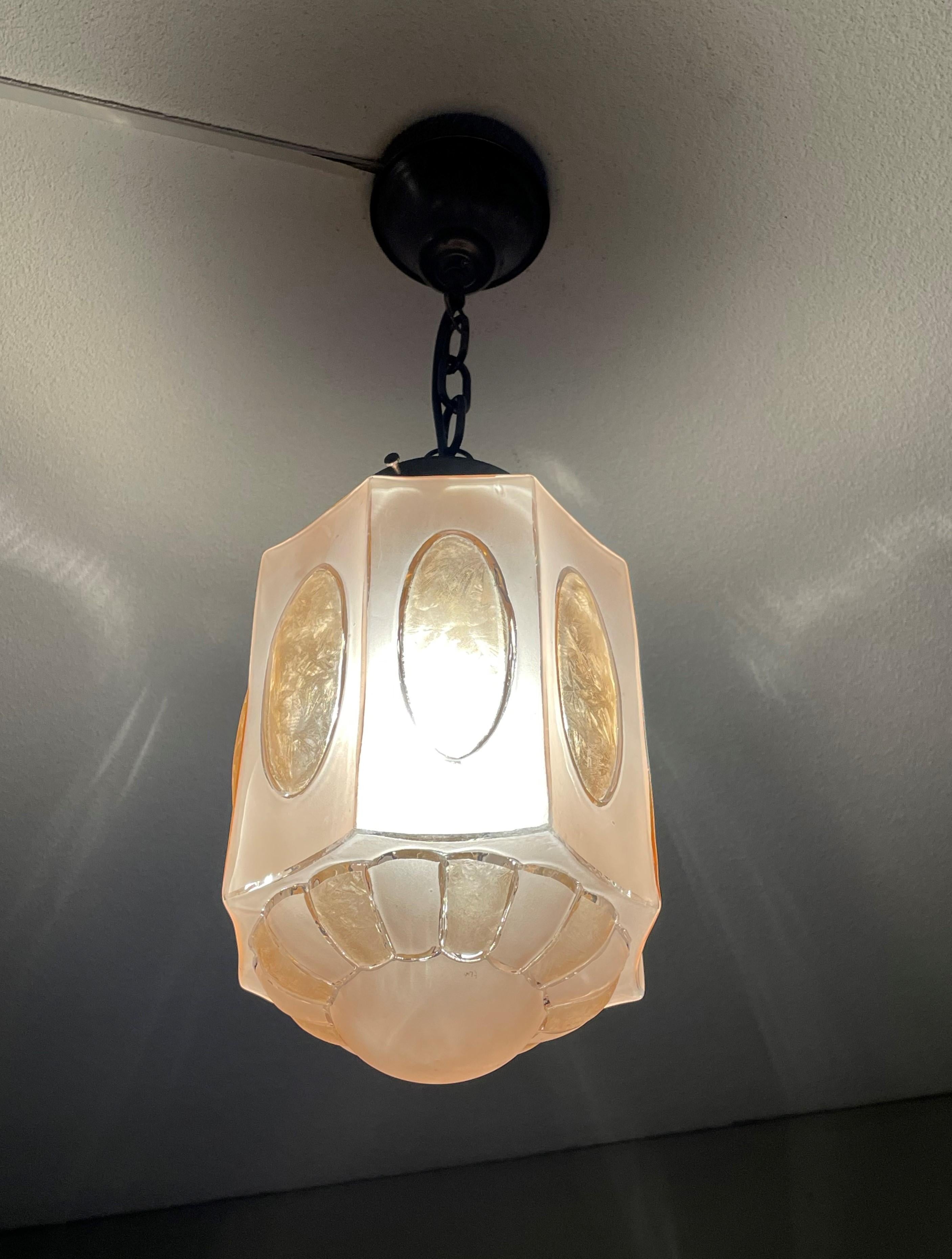 Rare Art Deco Pendant Light Fixture w. Octagonal Satinated & Frosted Glass Shade For Sale 8