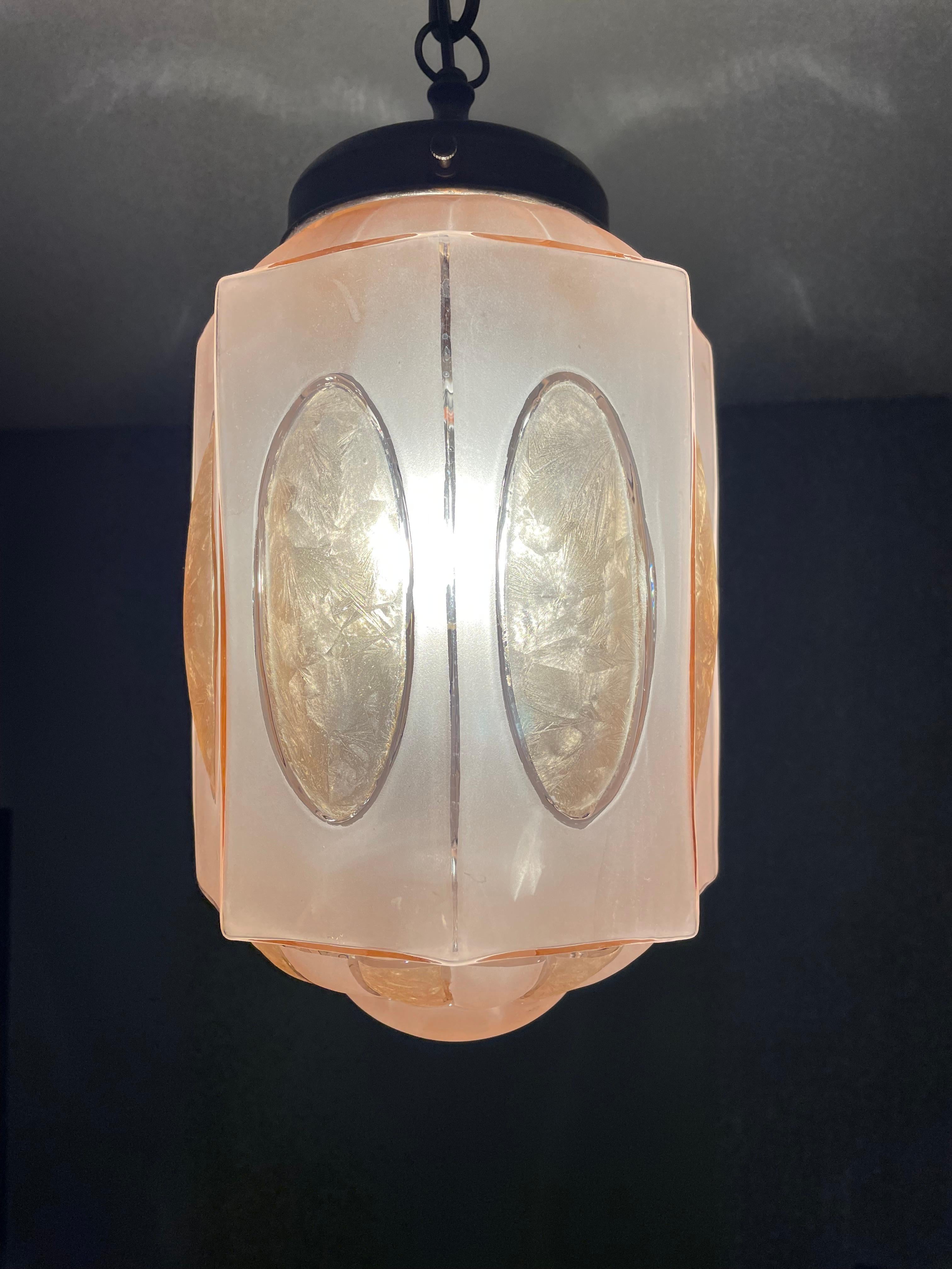 Rare Art Deco Pendant Light Fixture w. Octagonal Satinated & Frosted Glass Shade For Sale 10