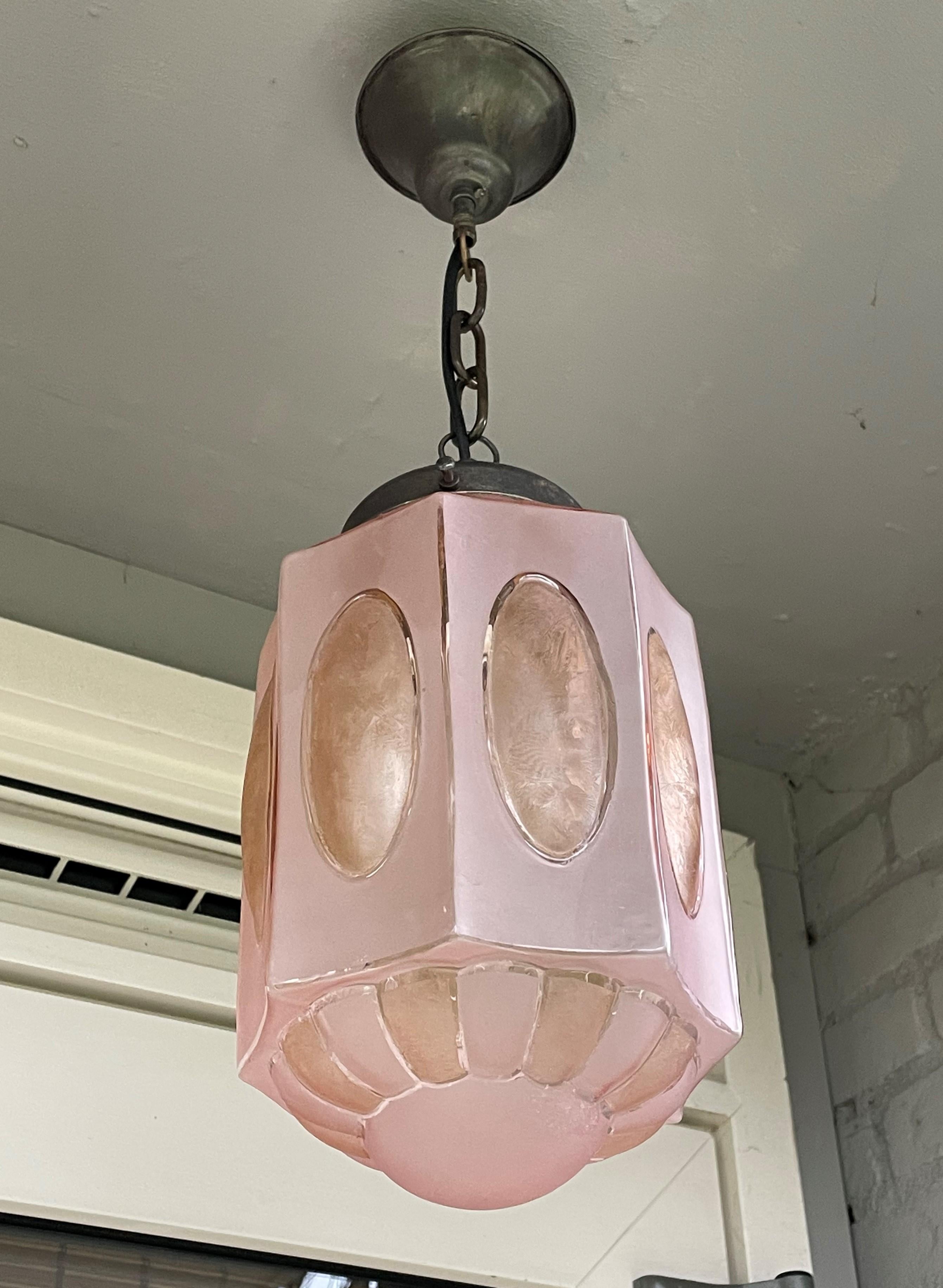 Rare Art Deco Pendant Light Fixture w. Octagonal Satinated & Frosted Glass Shade For Sale 11