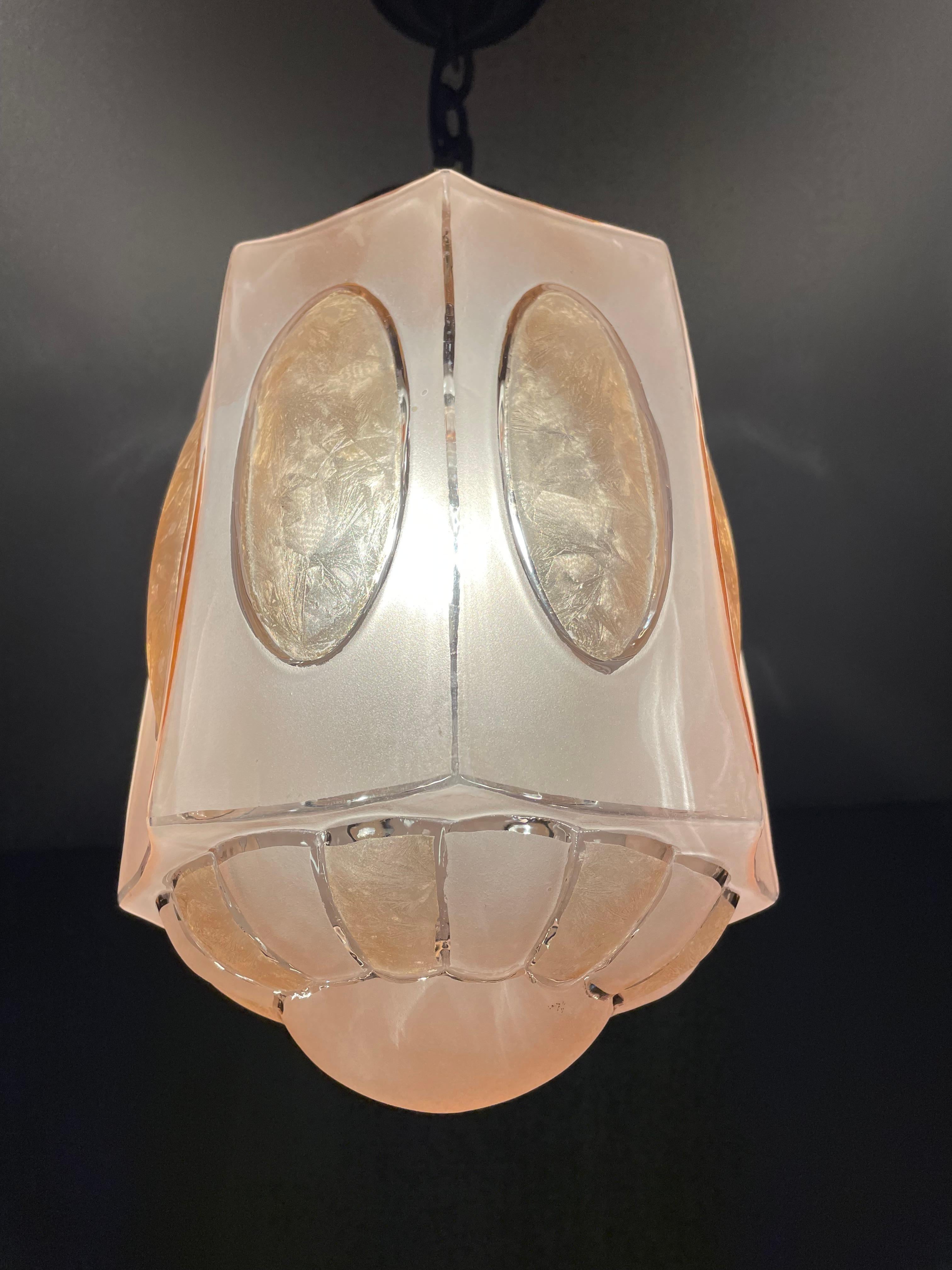 Rare Art Deco Pendant Light Fixture w. Octagonal Satinated & Frosted Glass Shade For Sale 12