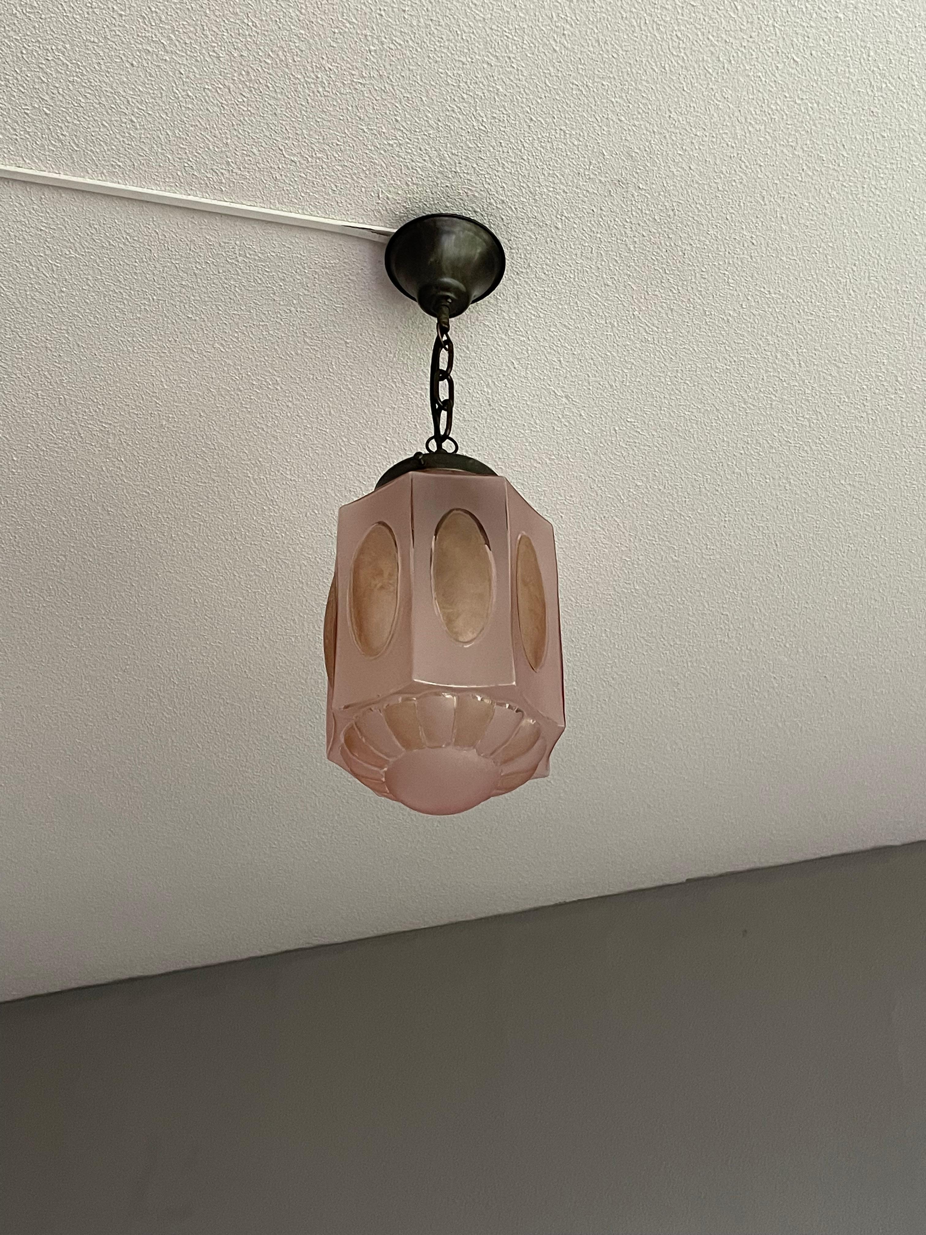 European Rare Art Deco Pendant Light Fixture w. Octagonal Satinated & Frosted Glass Shade For Sale