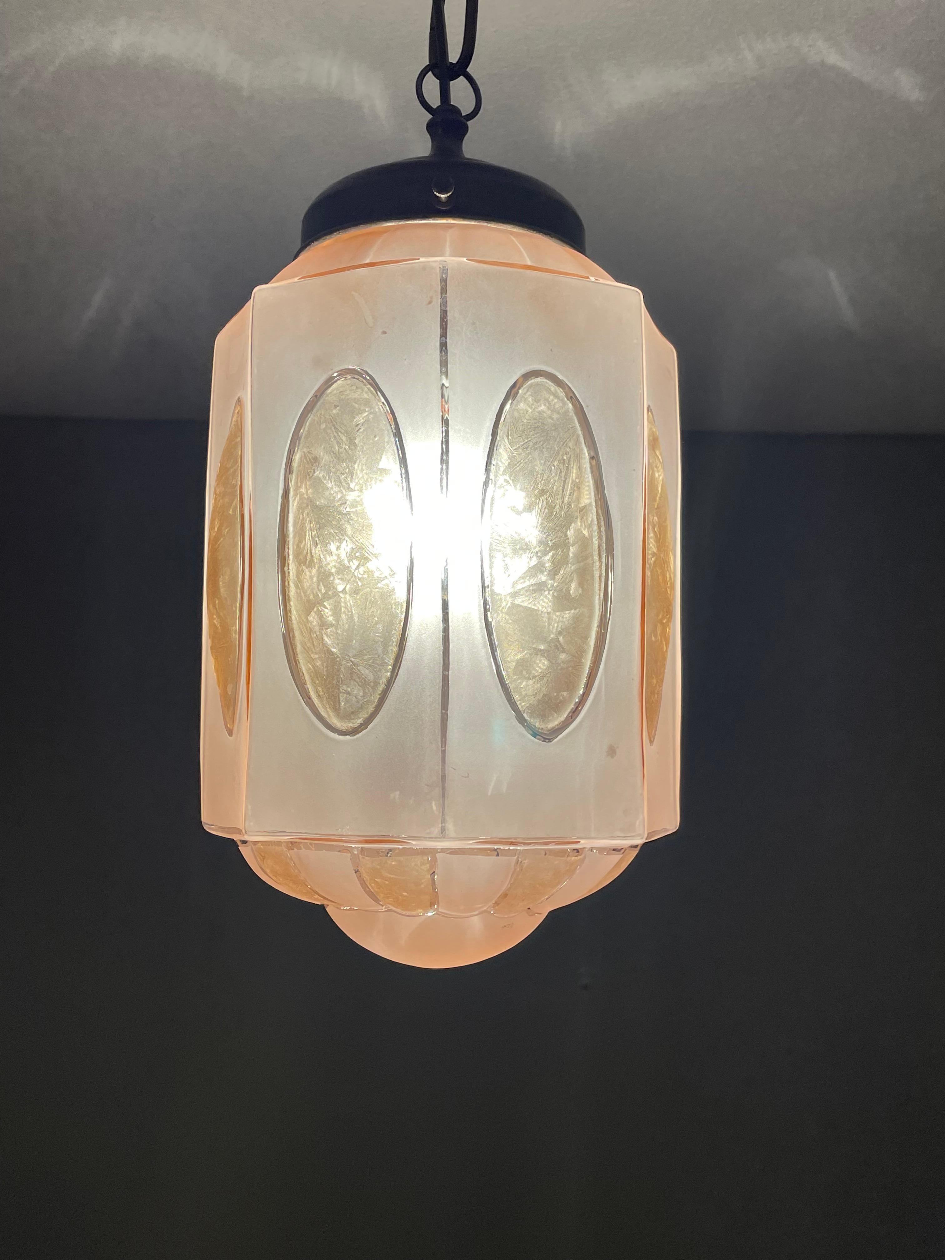 Nickel Rare Art Deco Pendant Light Fixture w. Octagonal Satinated & Frosted Glass Shade For Sale