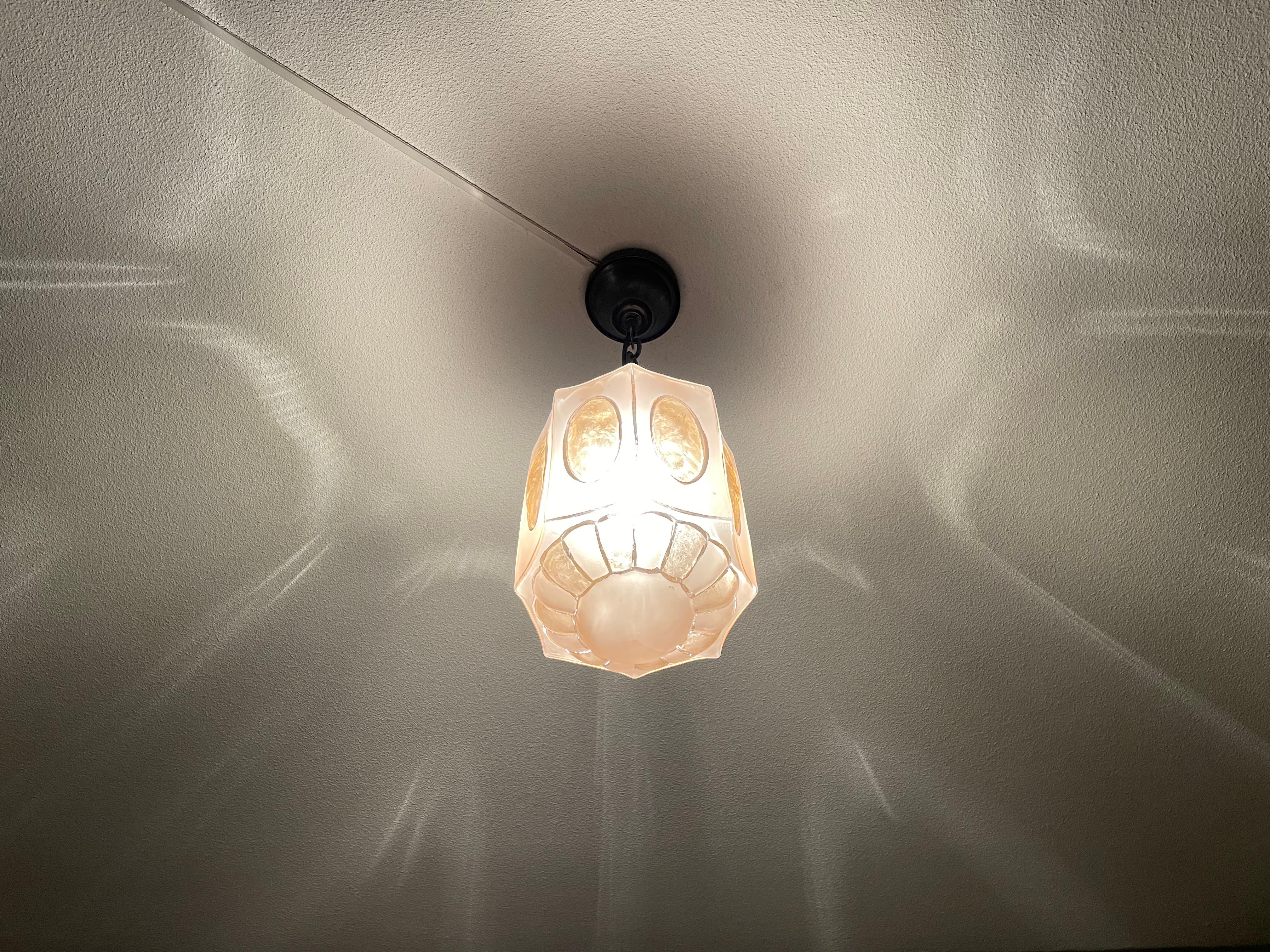 Rare Art Deco Pendant Light Fixture w. Octagonal Satinated & Frosted Glass Shade For Sale 1