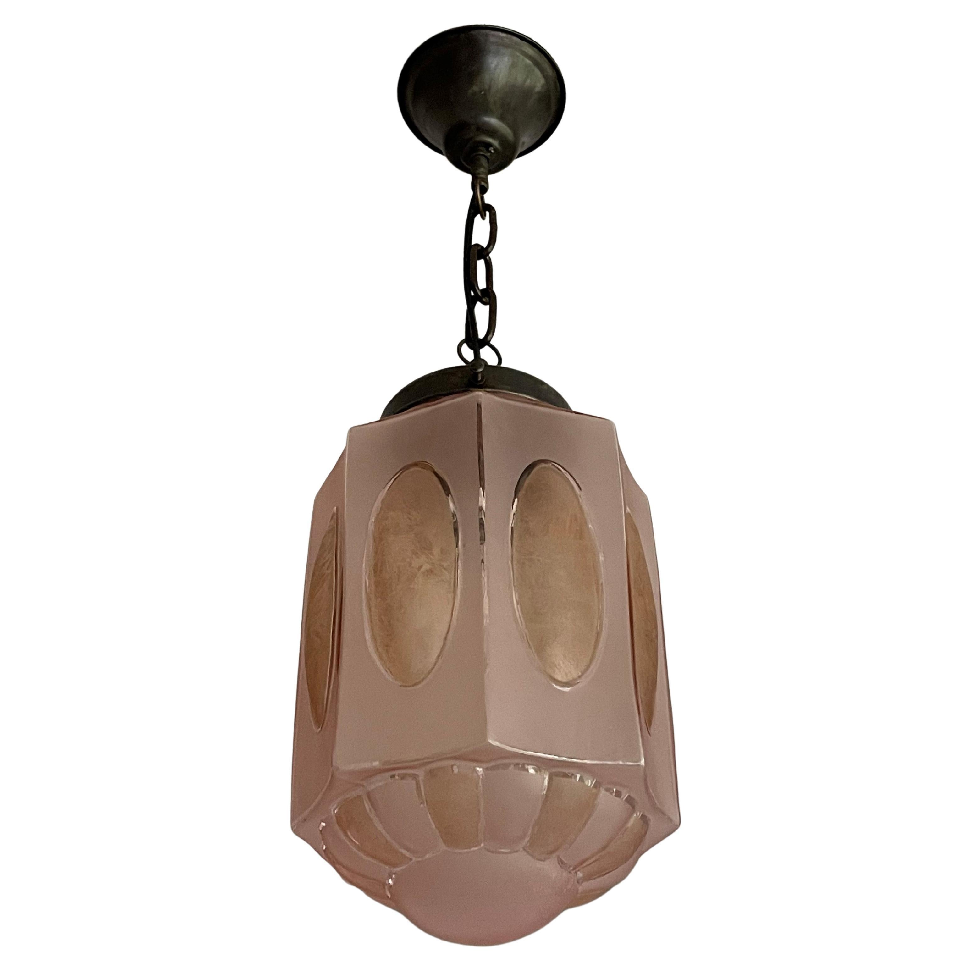 Rare Art Deco Pendant Light Fixture w. Octagonal Satinated & Frosted Glass Shade For Sale