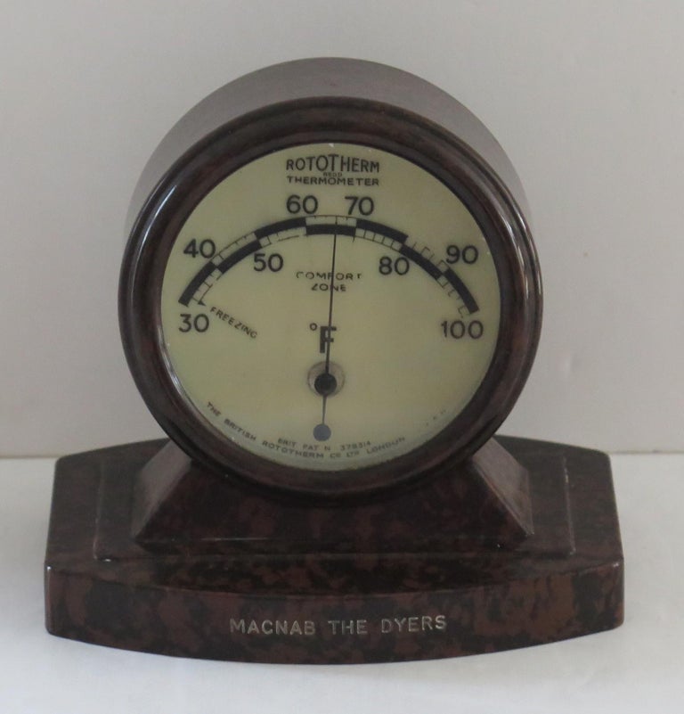 This is a rare Art Deco period Desk Thermometer in Bakelite, made by British Rototherm, London and marked Mcnab the Dyers, all dating to Circa 1920s.

The thermometer is in full working order.

The design of this piece is very 