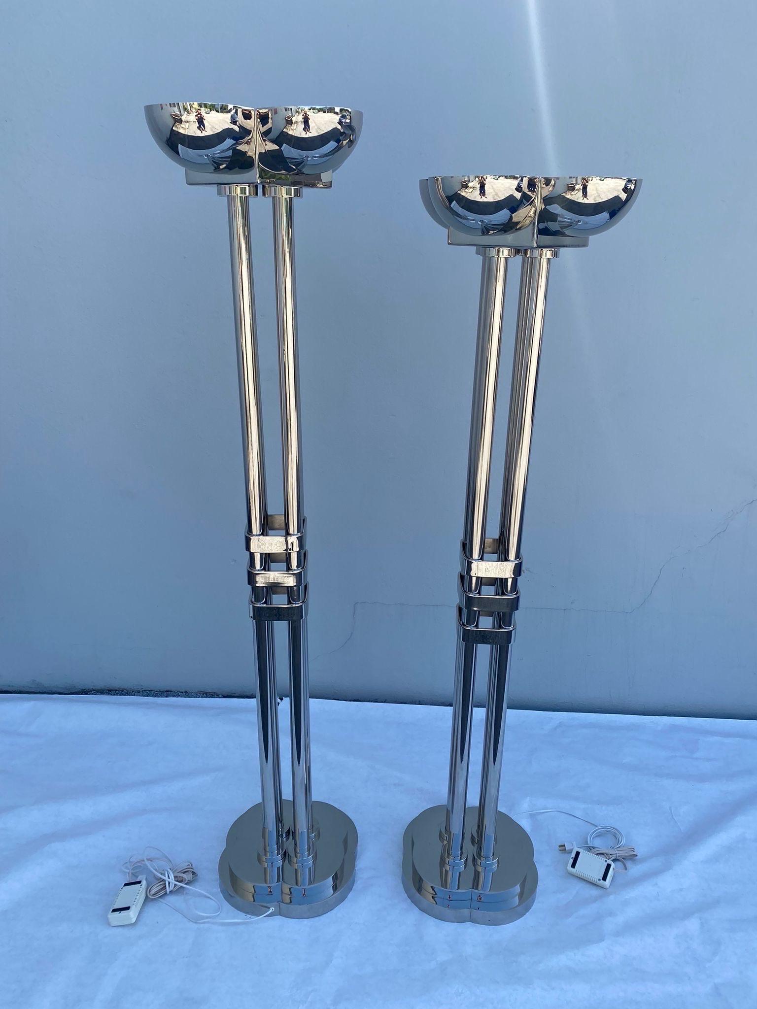 European Rare Art Deco Period Polished Chromed Torchiere Lamp - Two Available For Sale