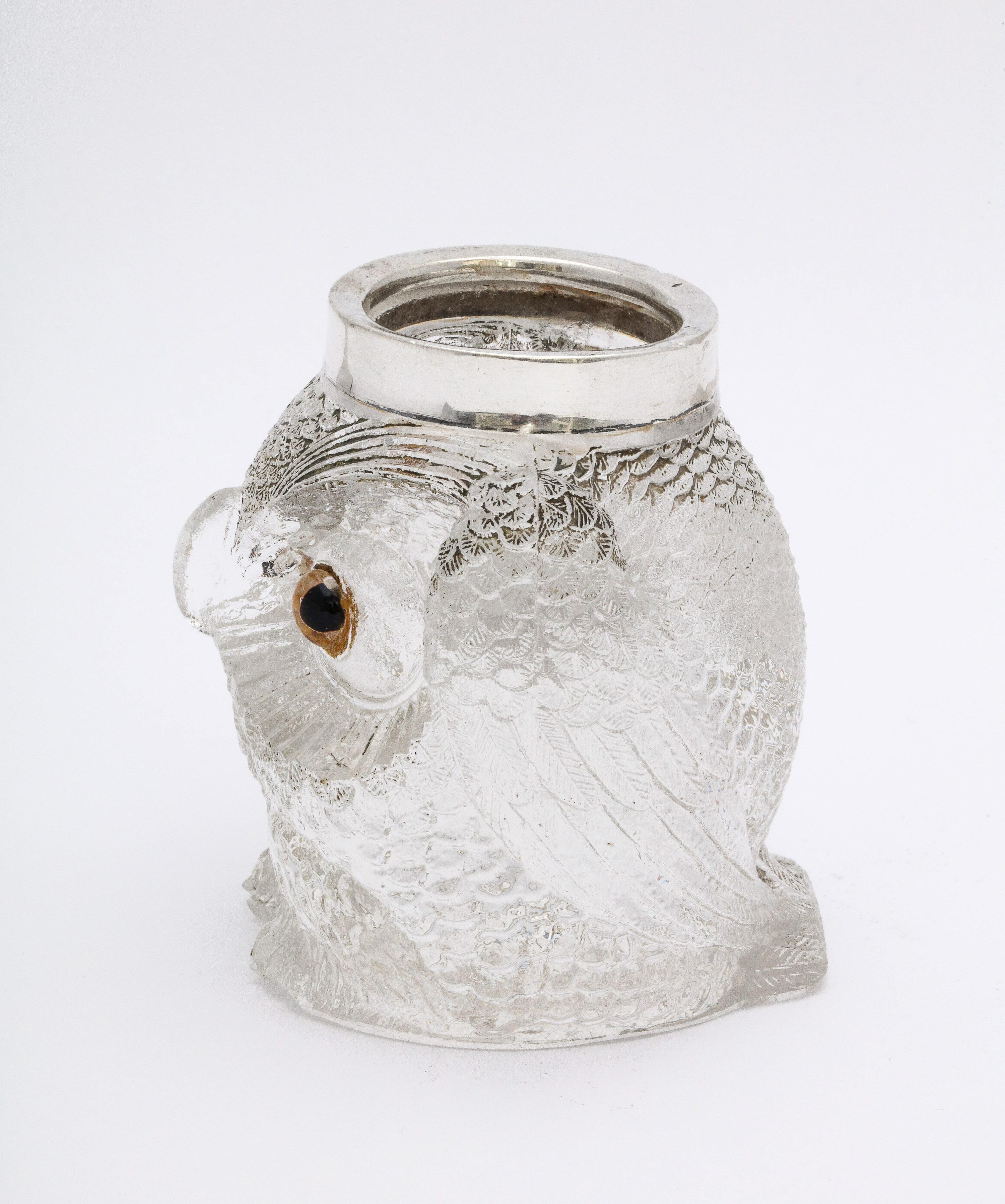 Rare Art Deco Period Sterling Silver-Mounted Glass Owl-Form Match Striker For Sale 5