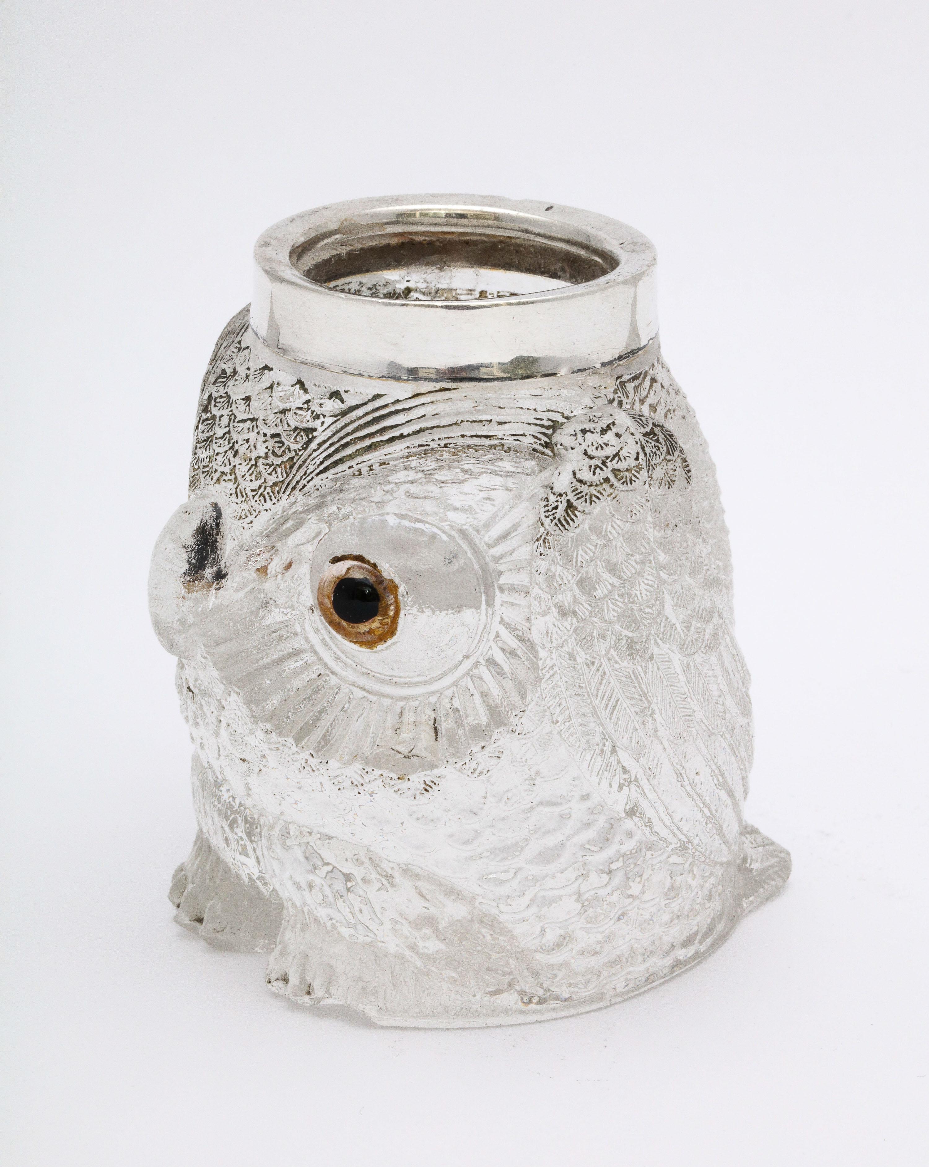 Rare Art Deco Period Sterling Silver-Mounted Glass Owl-Form Match Striker For Sale 6