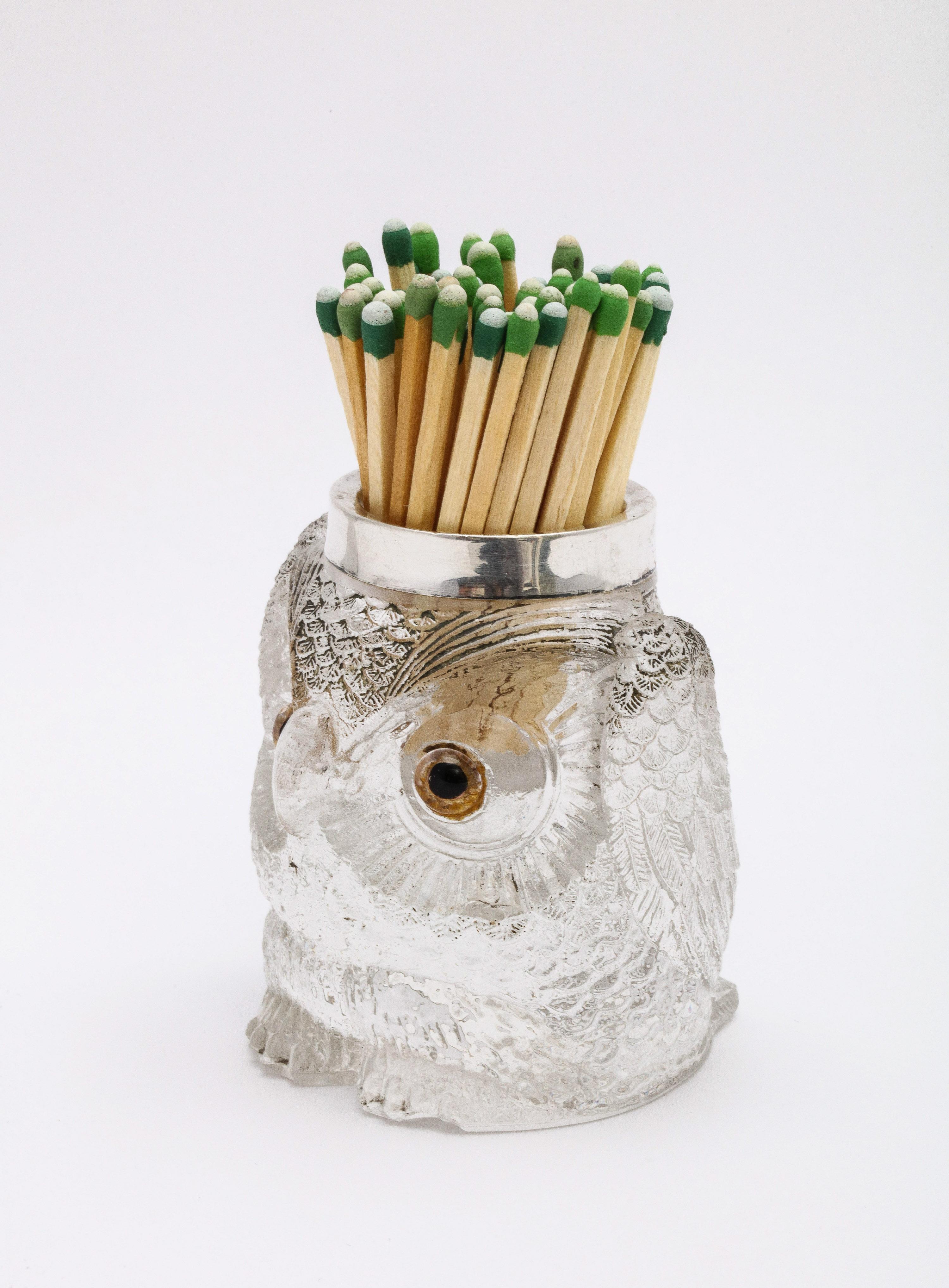 Rare Art Deco Period Sterling Silver-Mounted Glass Owl-Form Match Striker In Good Condition For Sale In New York, NY